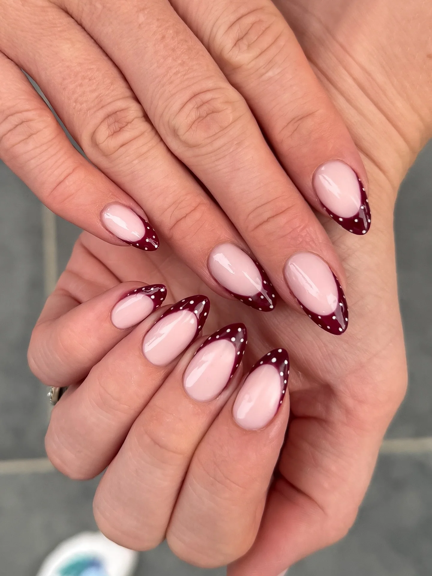 polka dot fall nails 2026 Soft Pink With Burgundy French Polka Dot Tips