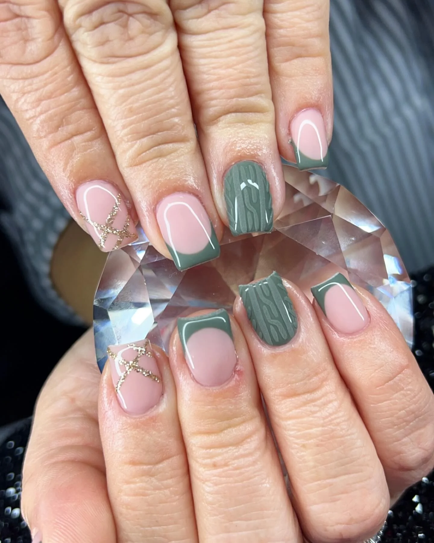 simple fall short nails Sage Green And Blush With Textured Accent Nails