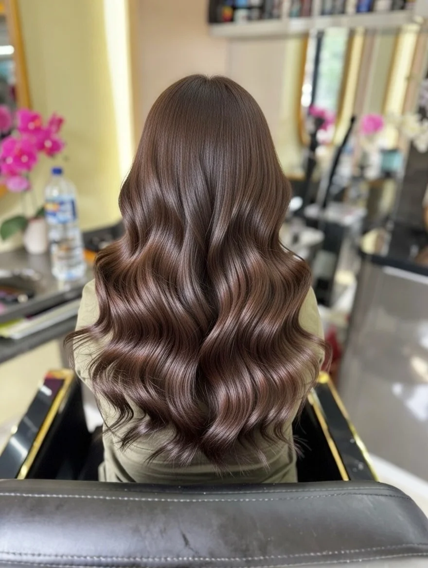 fall brown hair color ideas 2026 Glossy Chocolate Brown Waves With Luxe Shine