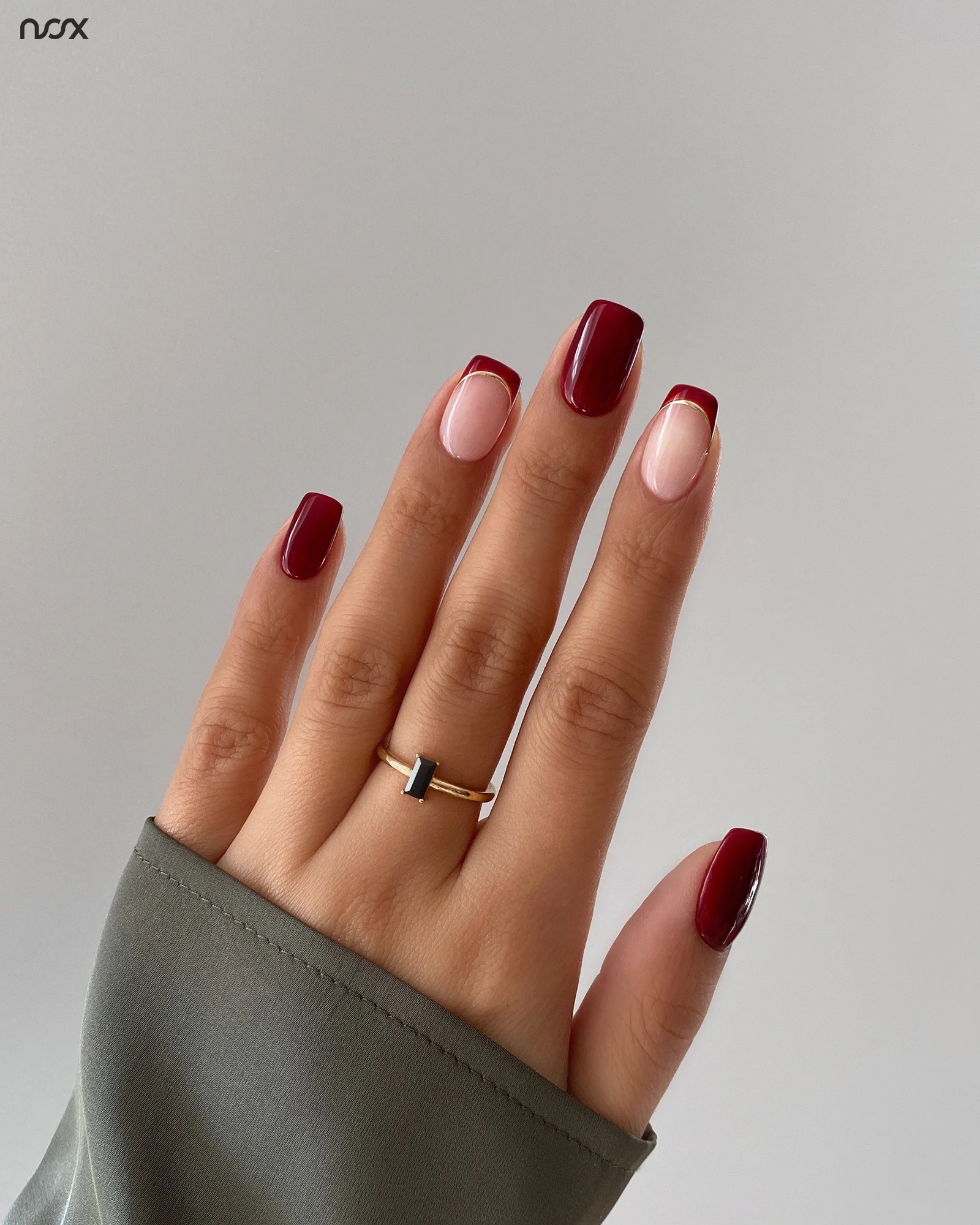 fall burgundy nails with design Deep Burgundy With A Barely There Gold French Tip