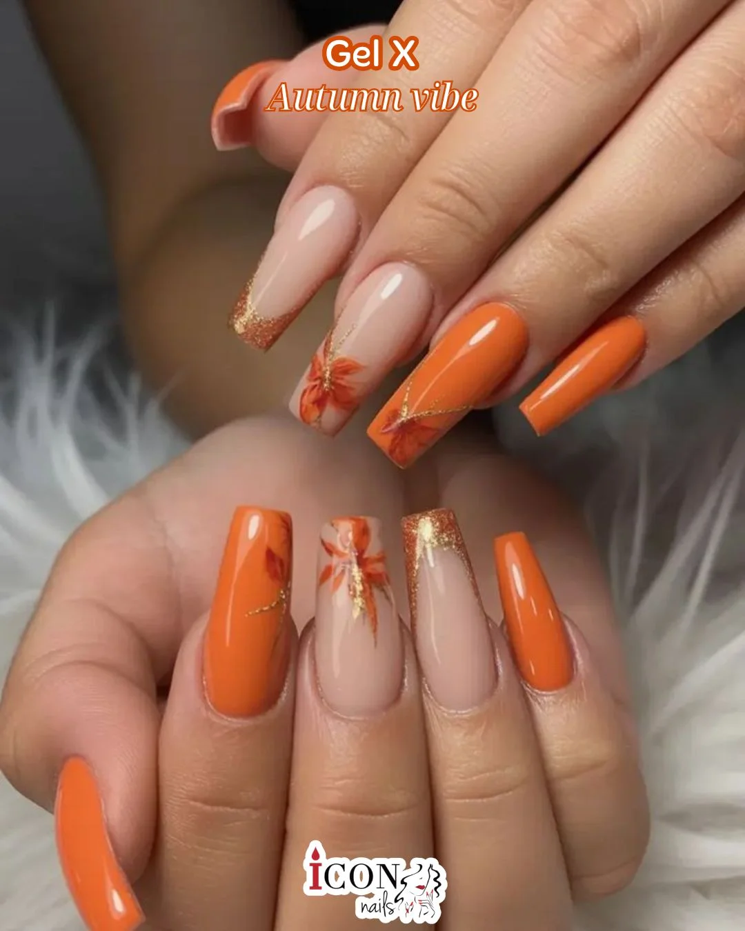 fall gel nails ideas 2026 Burnt Orange Autumn Leaves With Golden Details