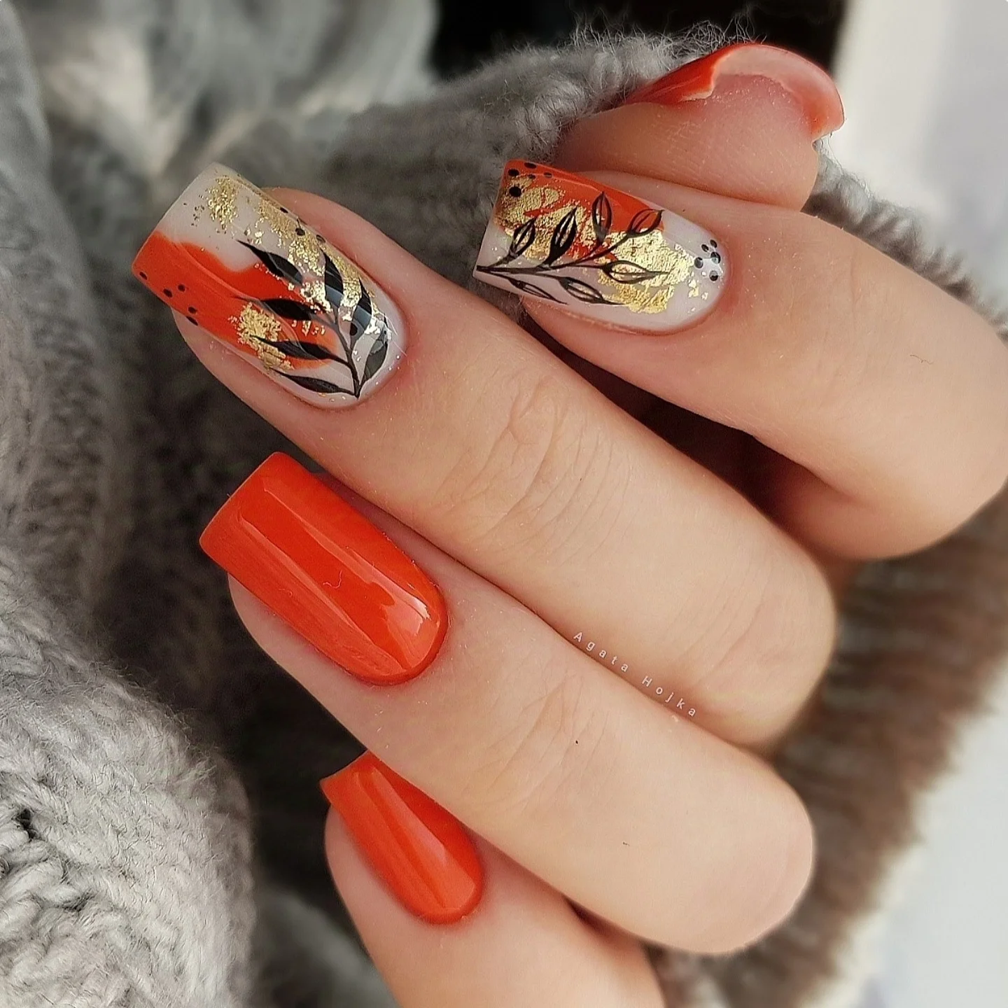 fall nails for fair skin tones 2026 Burnt Orange With Gold Leaf Accents