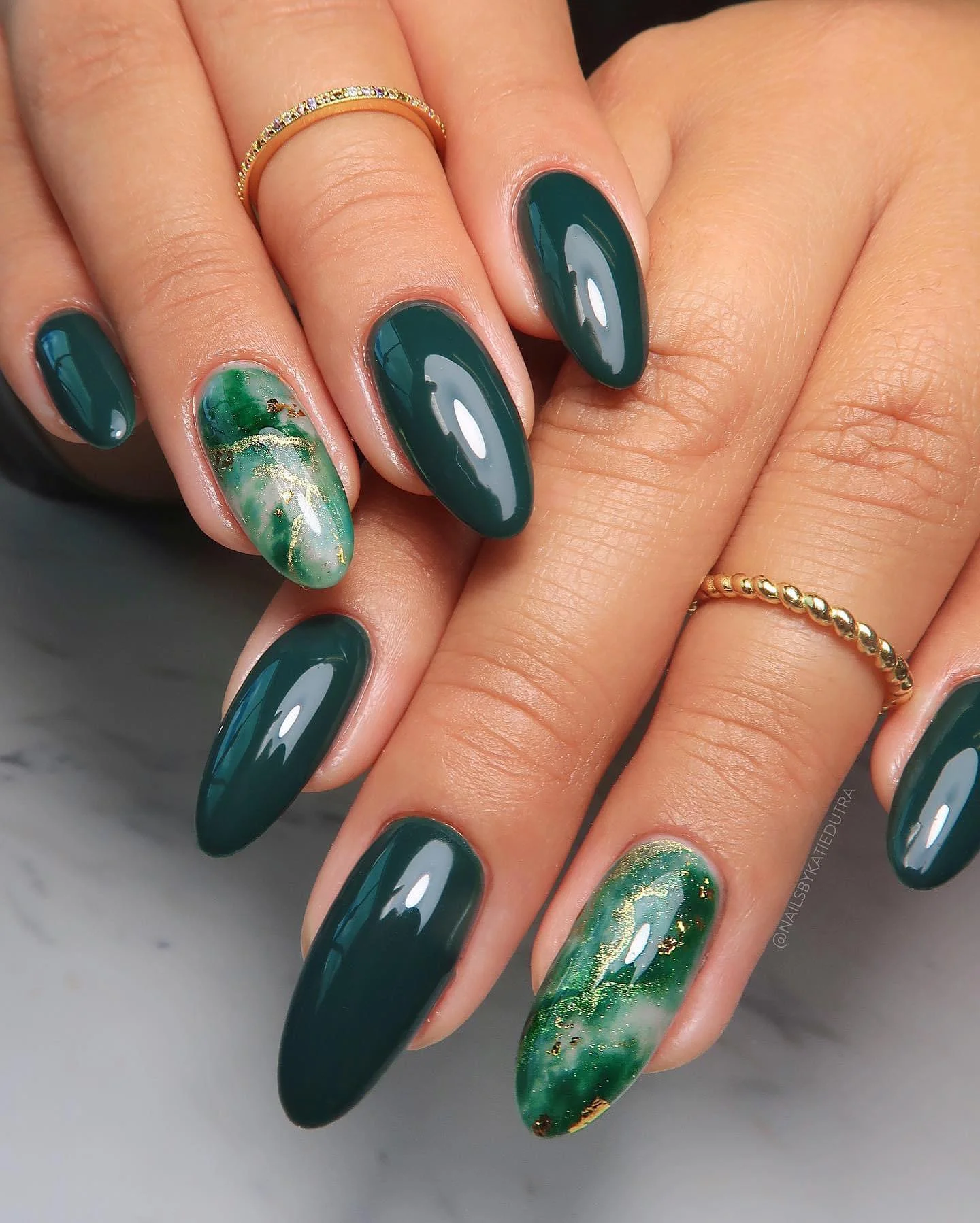 fall nails for medium skin tone Deep Emerald Green With Marble Gold Accents