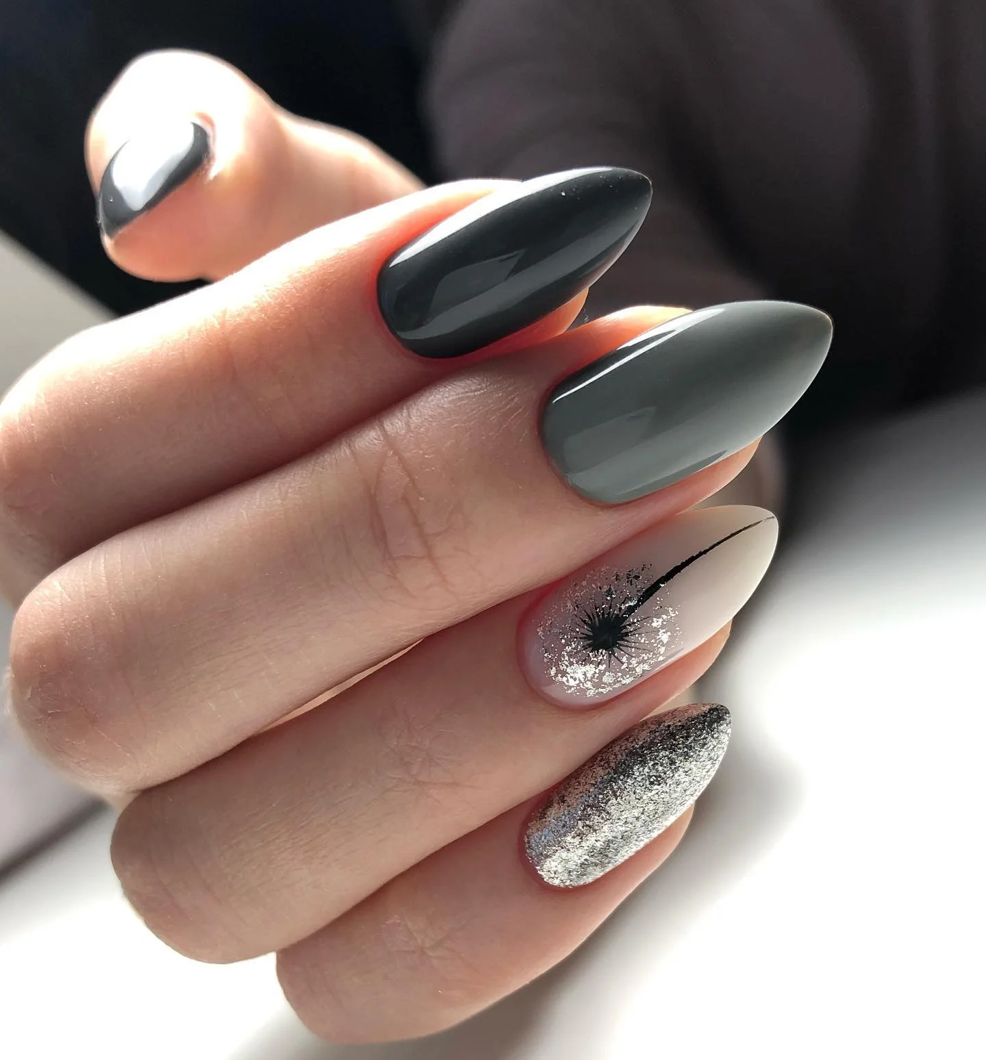 fall nails with autumn designs Smoky Black And Silver Botanical Glam