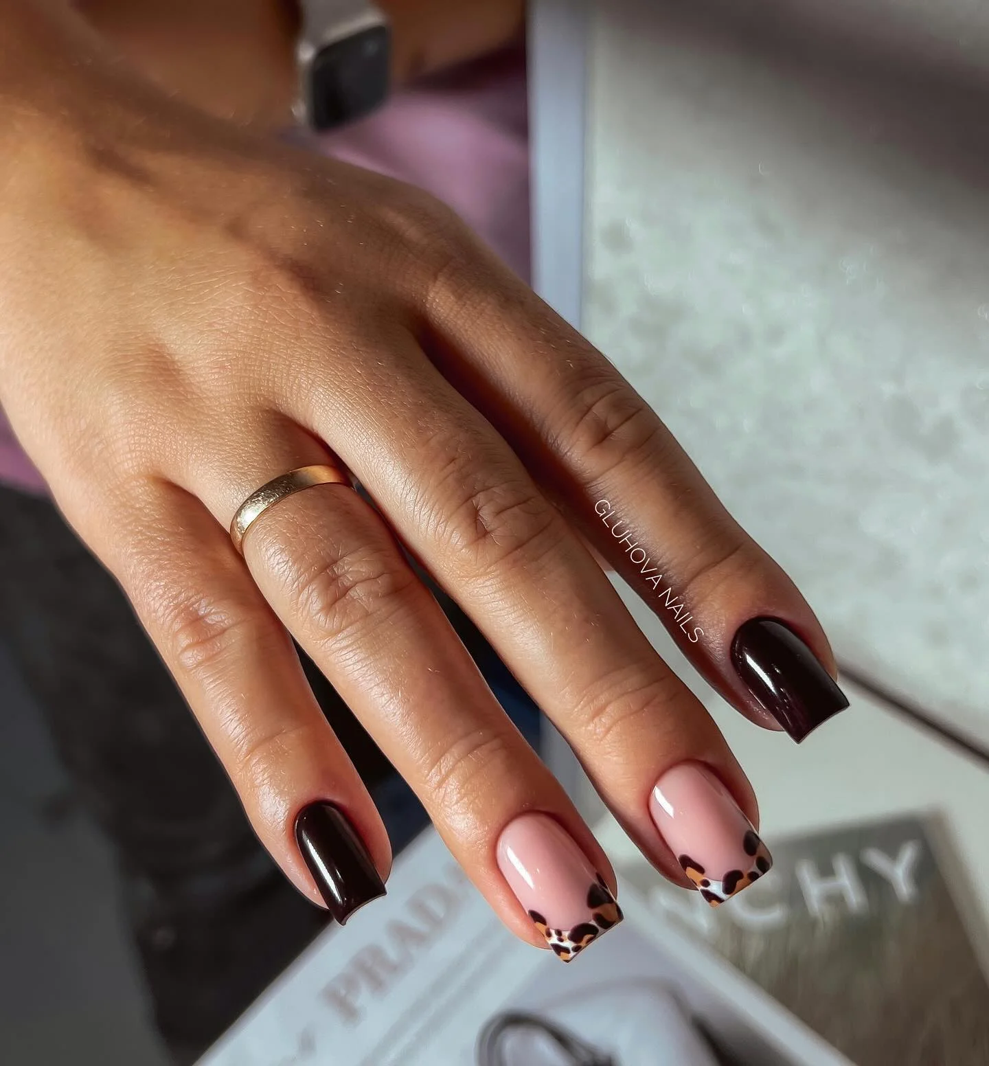 fall square nails 2026 Chocolate Brown With Leopard French Tips