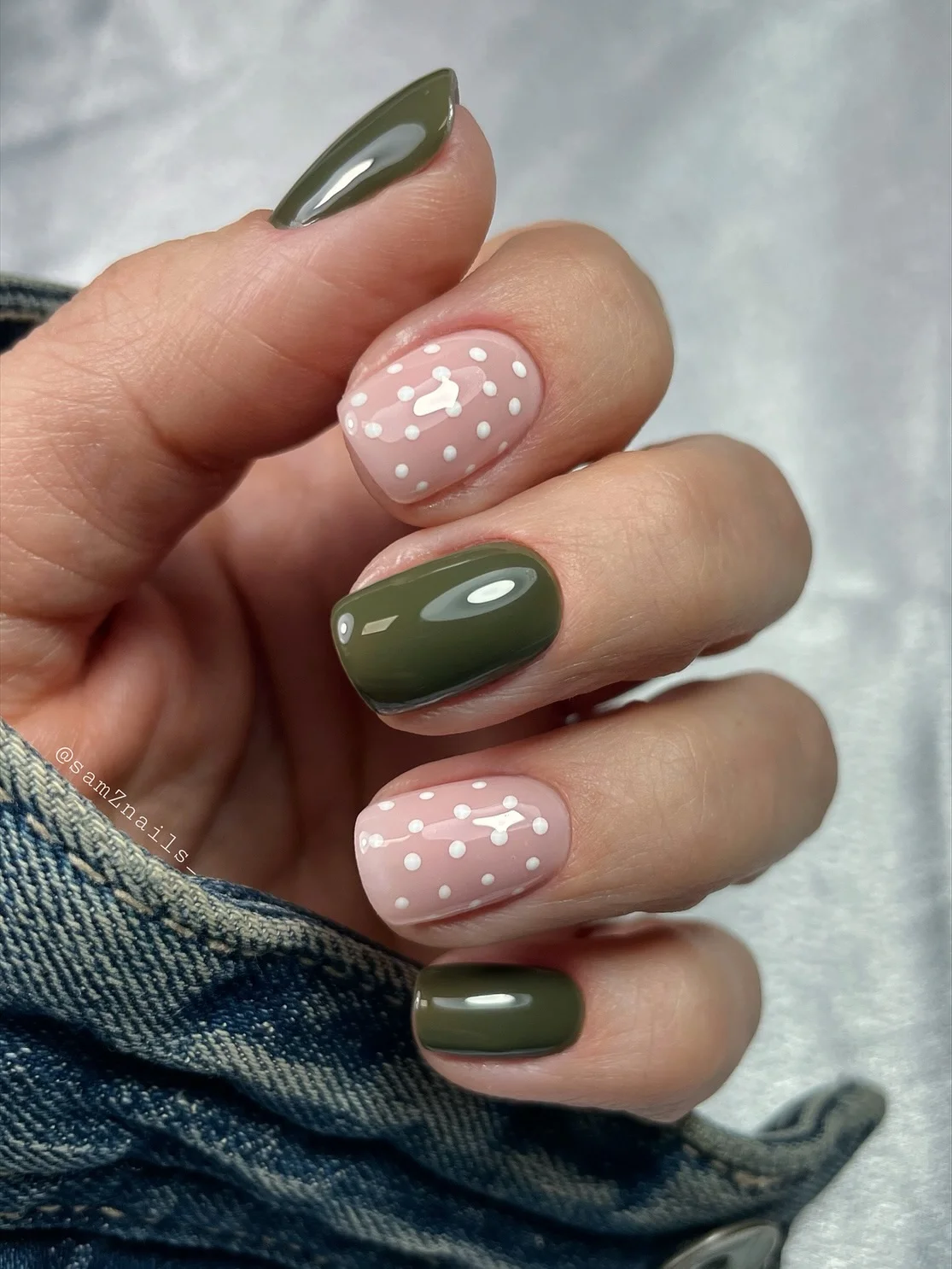 fall trendy nails 2026 Olive Green And Soft Pink Polka Dot Nails