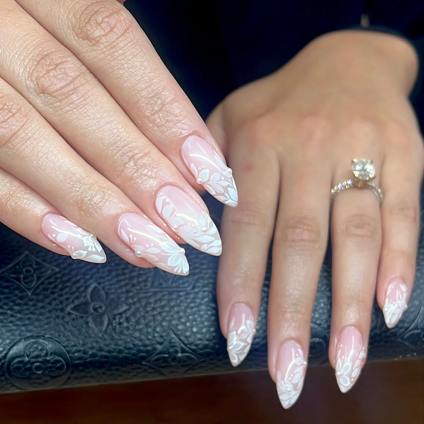 fall wedding nails 2026 Elegant White Botanical Bridal Almond Nails