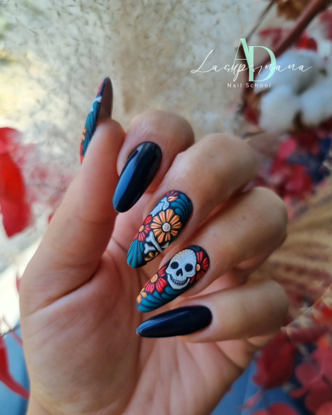 halloween nail art 2026 Spooky Floral Skull Almond Nails