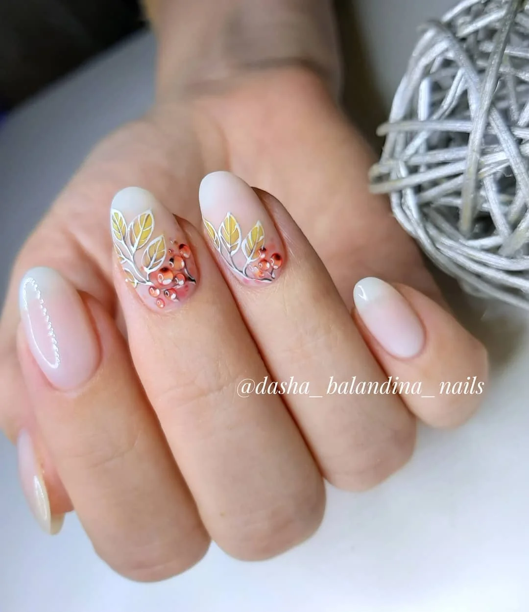 nude fall nails 2026 Sheer Nude With Delicate Autumn Leaves