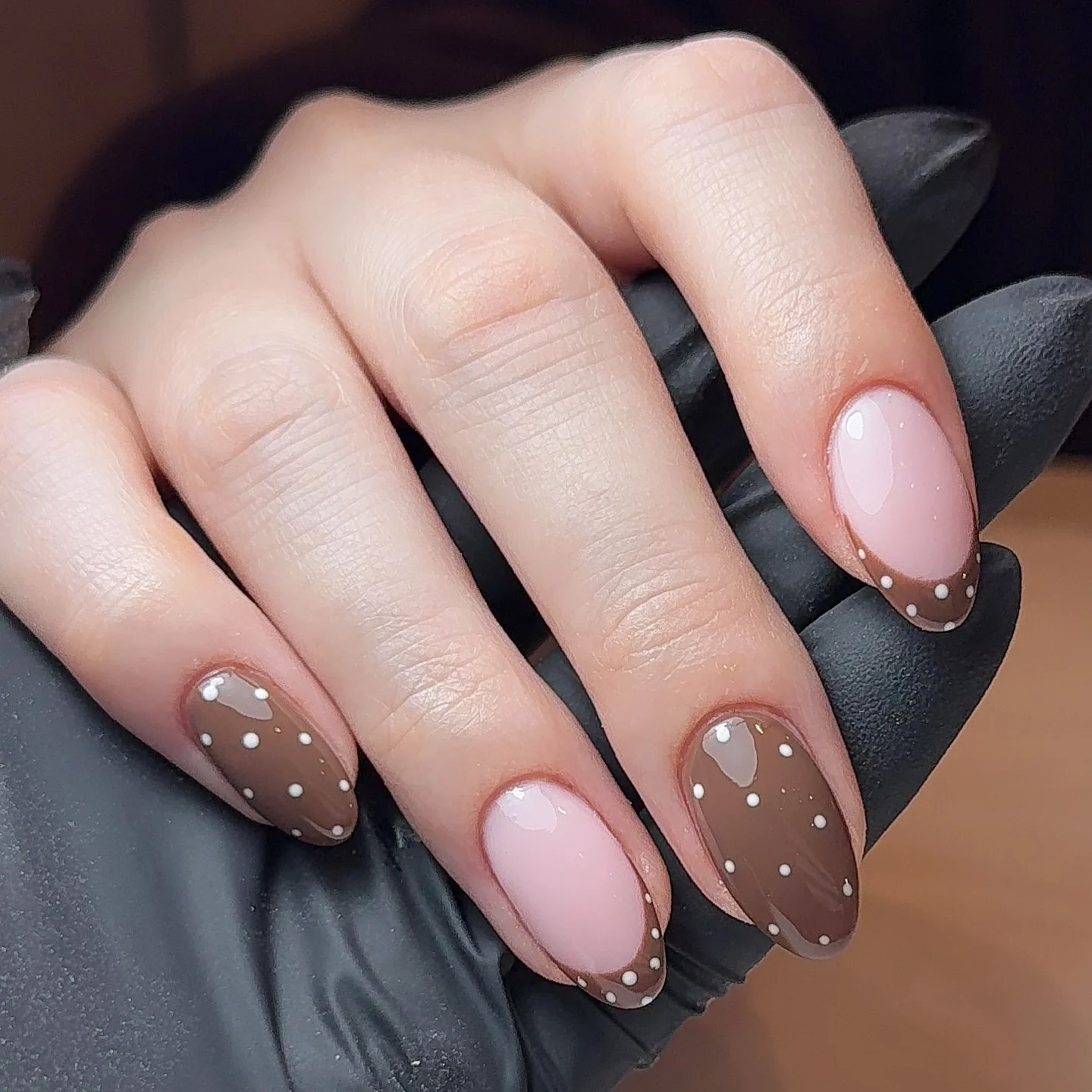 polka dot fall nails 2026 Cocoa Brown And Blush Pink Polka Dot Elegance