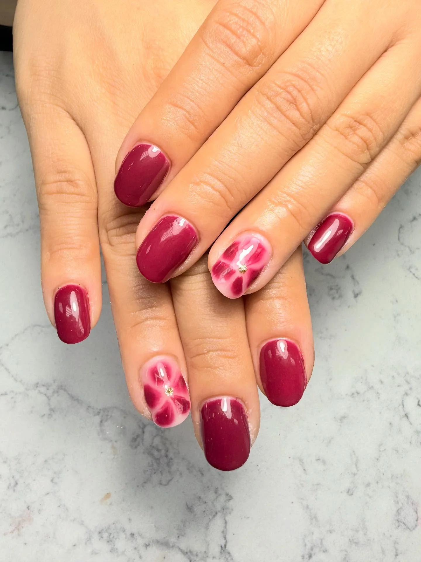 simple fall short nails Deep Burgundy With Soft Floral Accents
