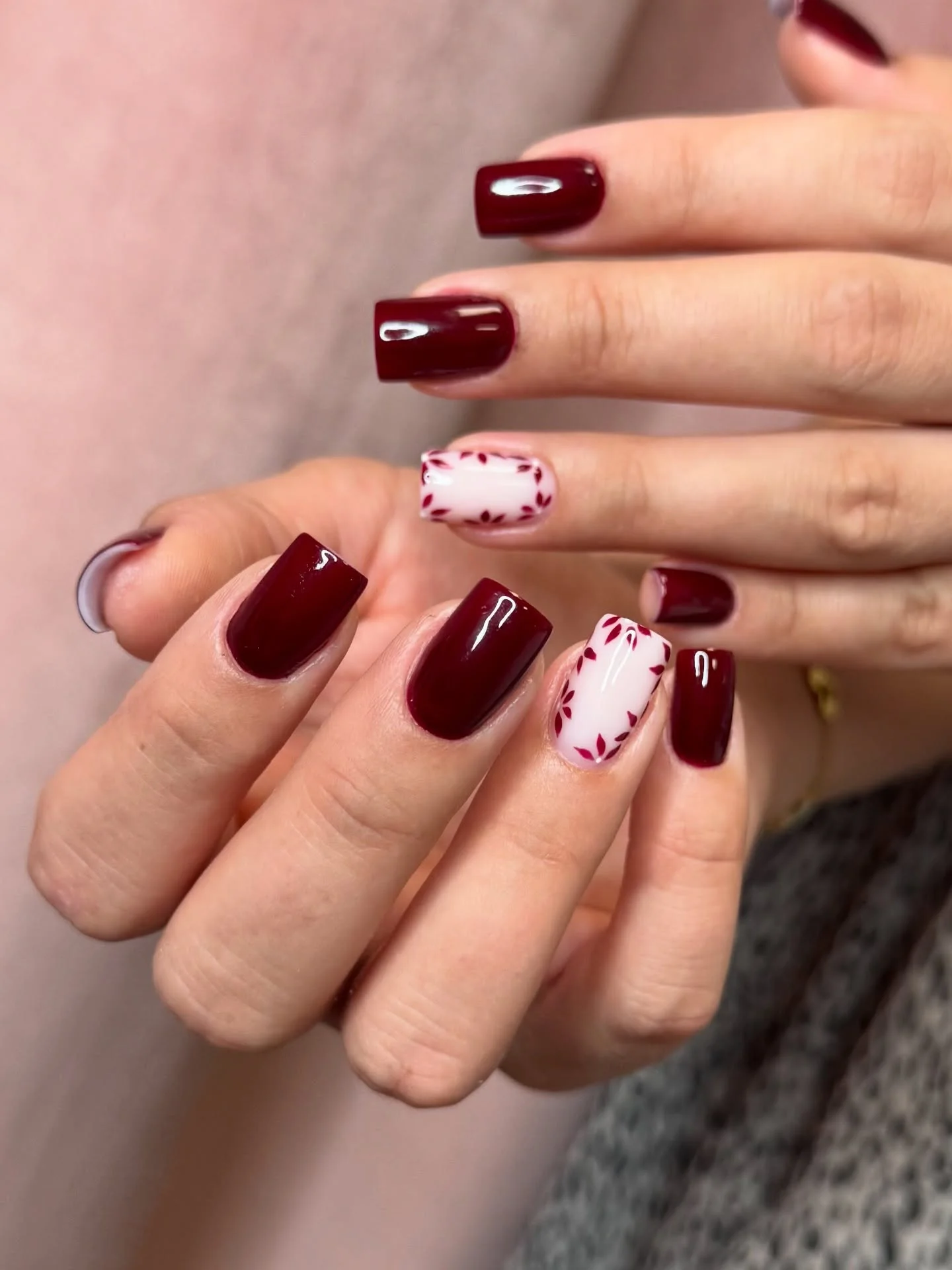 fall burgundy nails with design Glossy Burgundy With Delicate Botanical Details