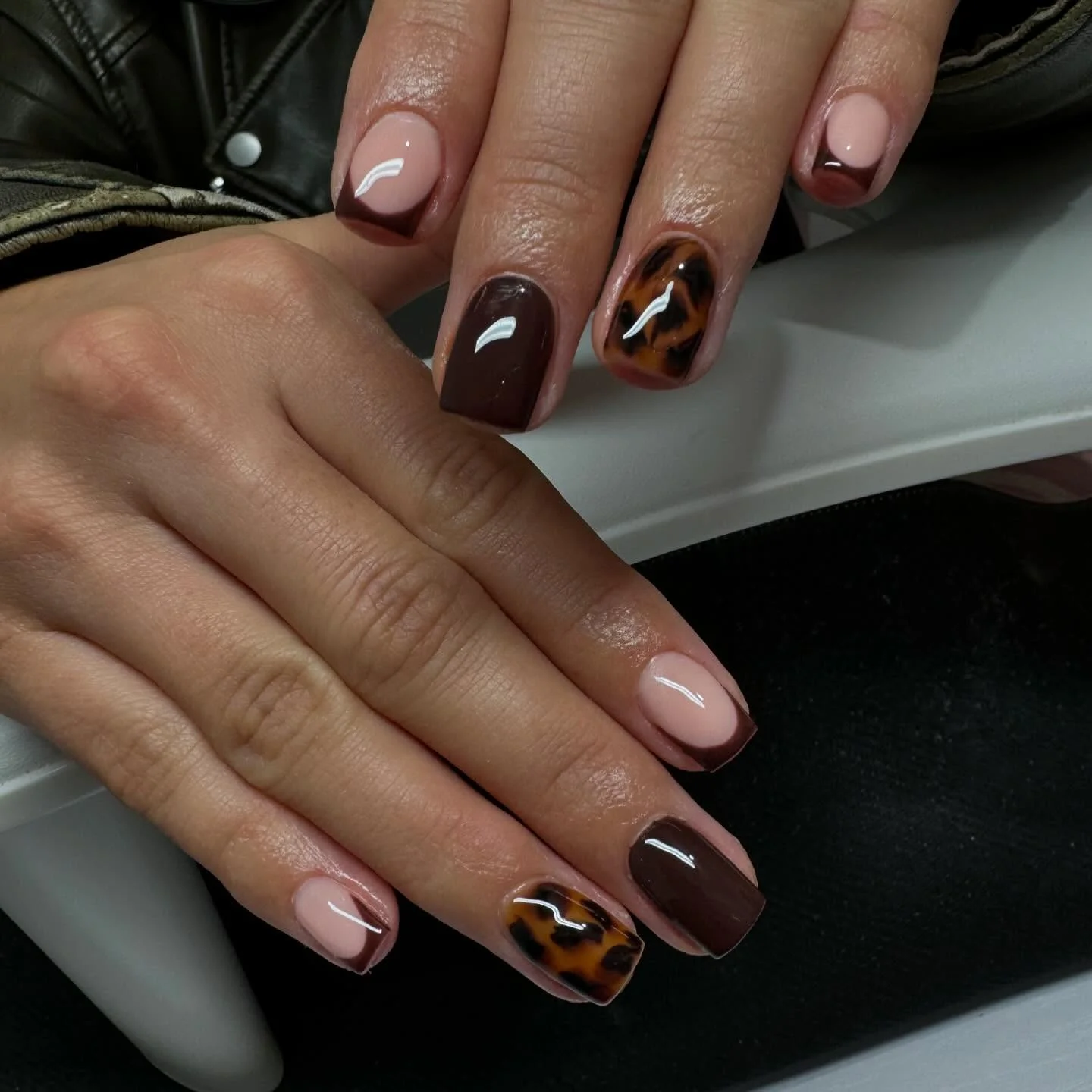 fall gel nails ideas 2026 Chocolate French Tips With Modern Tortoiseshell Accent