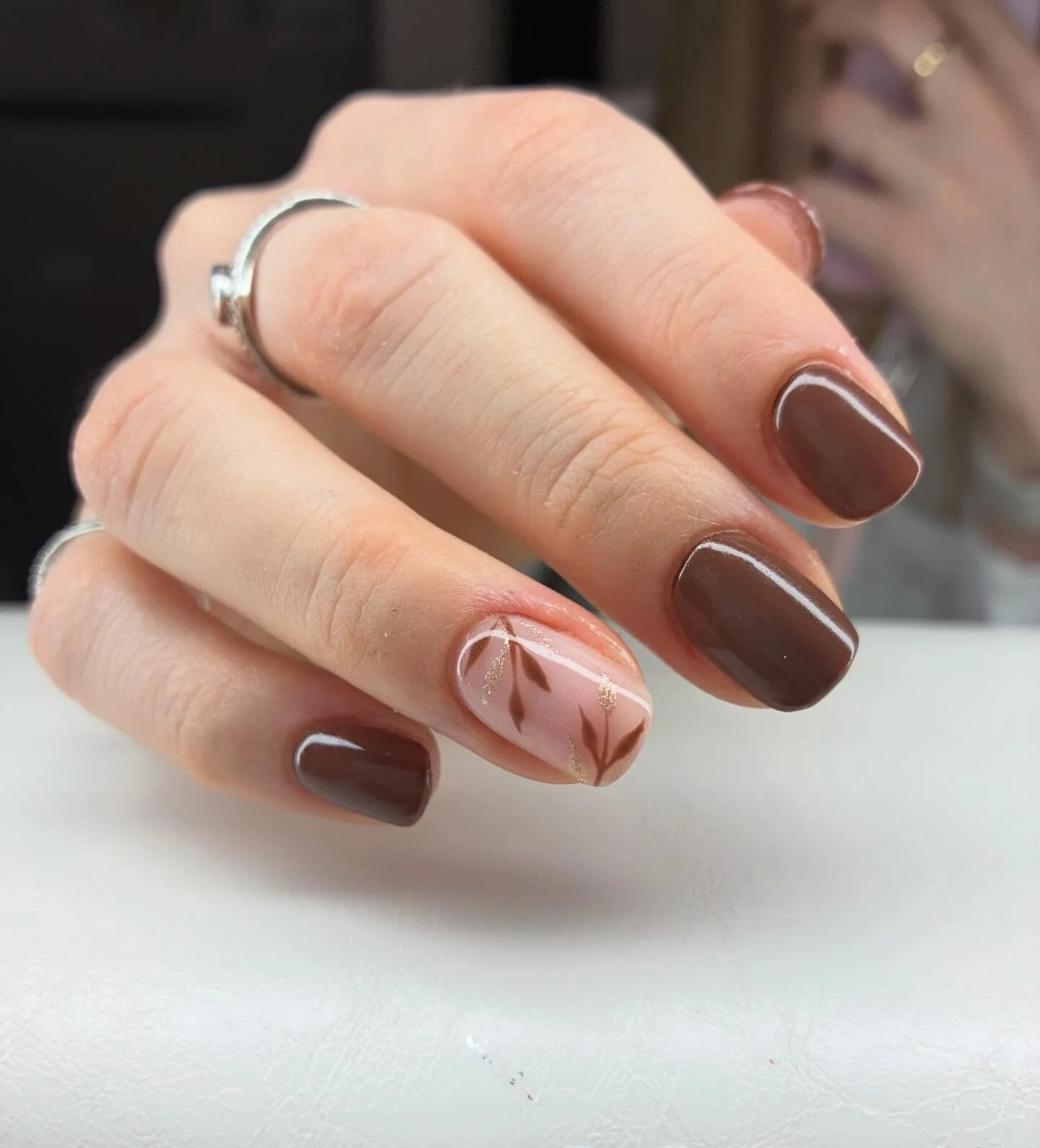 fall nail designs for office 2026 Chocolate Botanical Accent Nails With Soft Autumn Charm