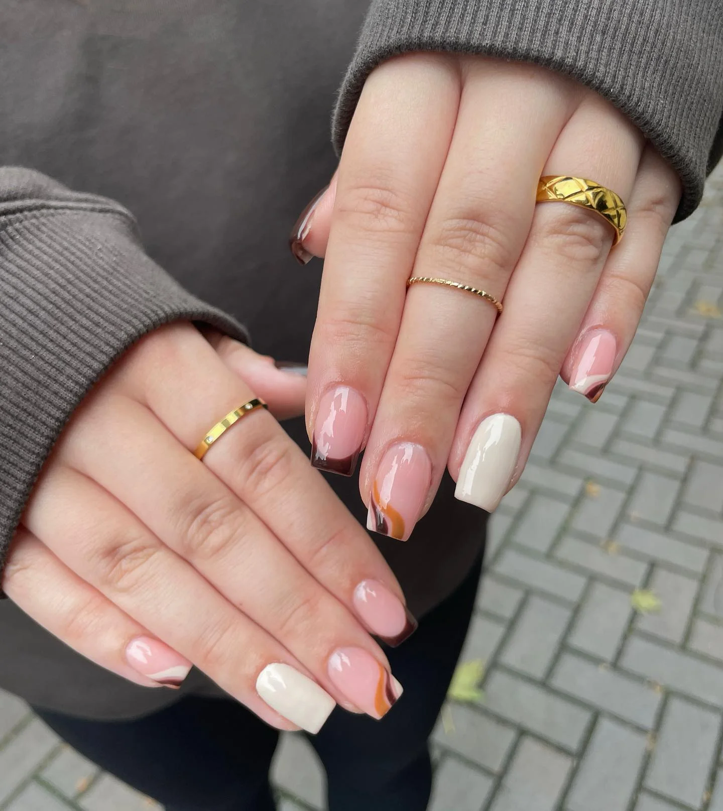 fall nail designs square shape 2026 Minimal Neutral French With Modern Autumn Waves