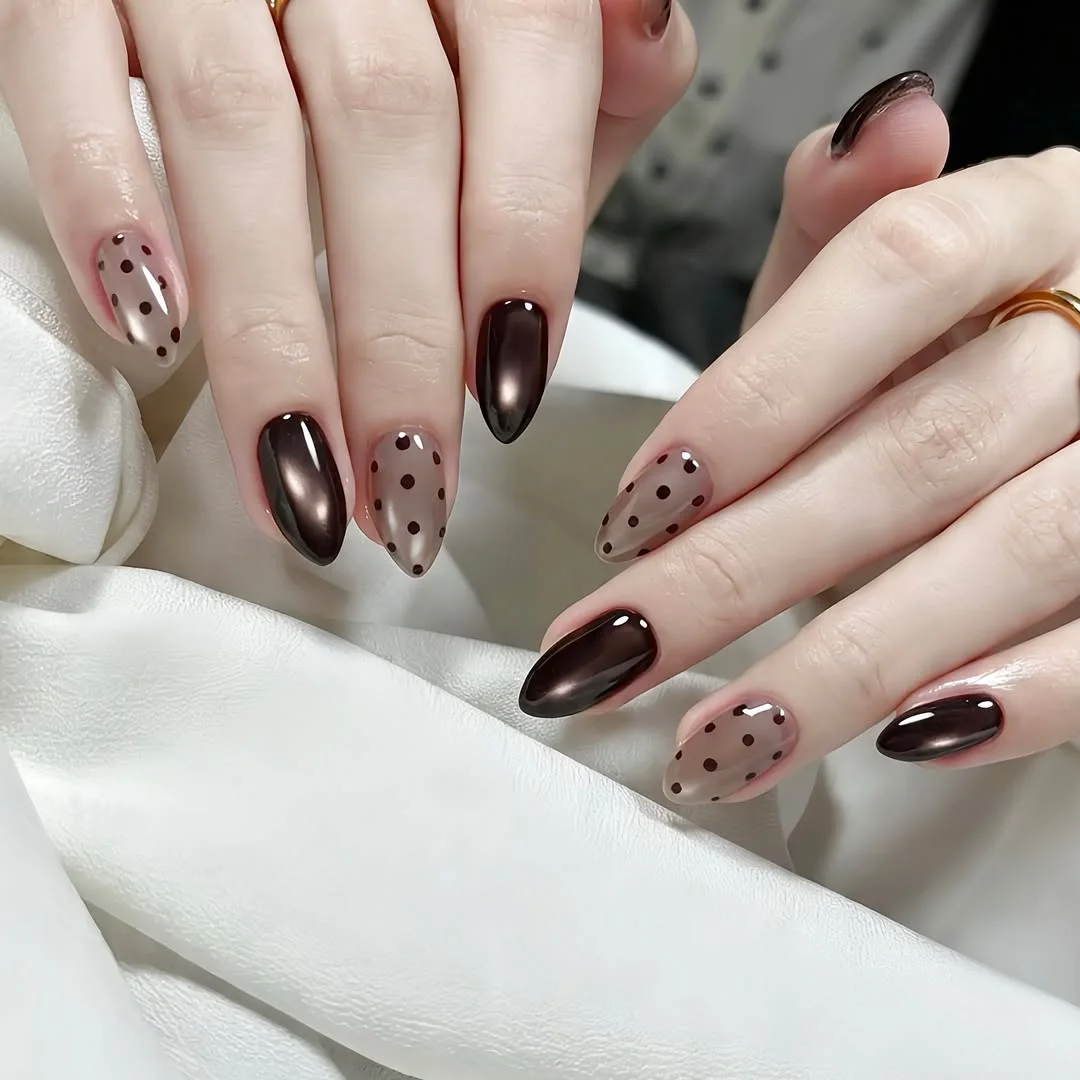 fall nails for pale skin 2026 Chocolate Brown With Delicate Dot Details