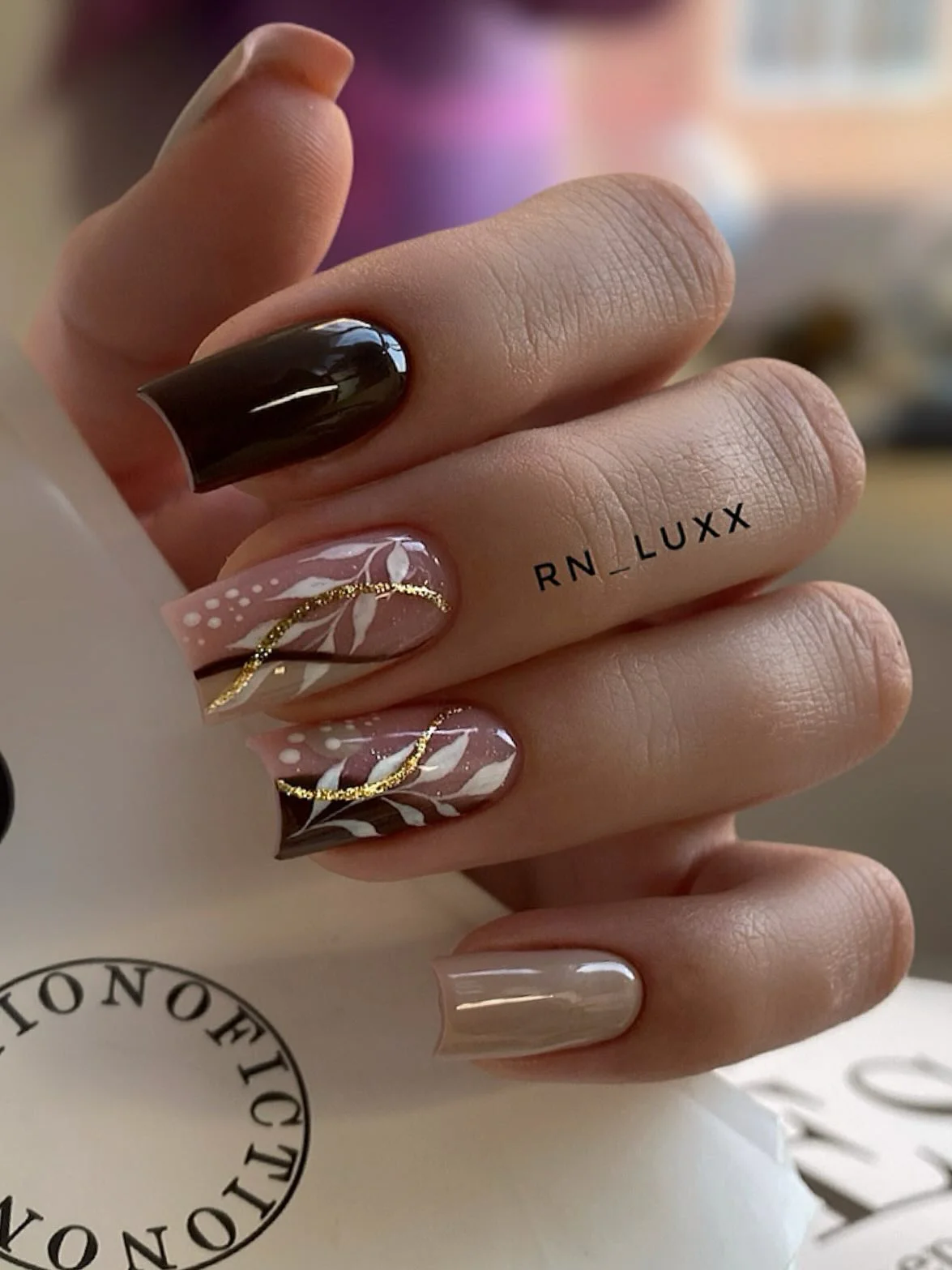 fall nails with autumn designs Chocolate Botanical Details With Golden Curves