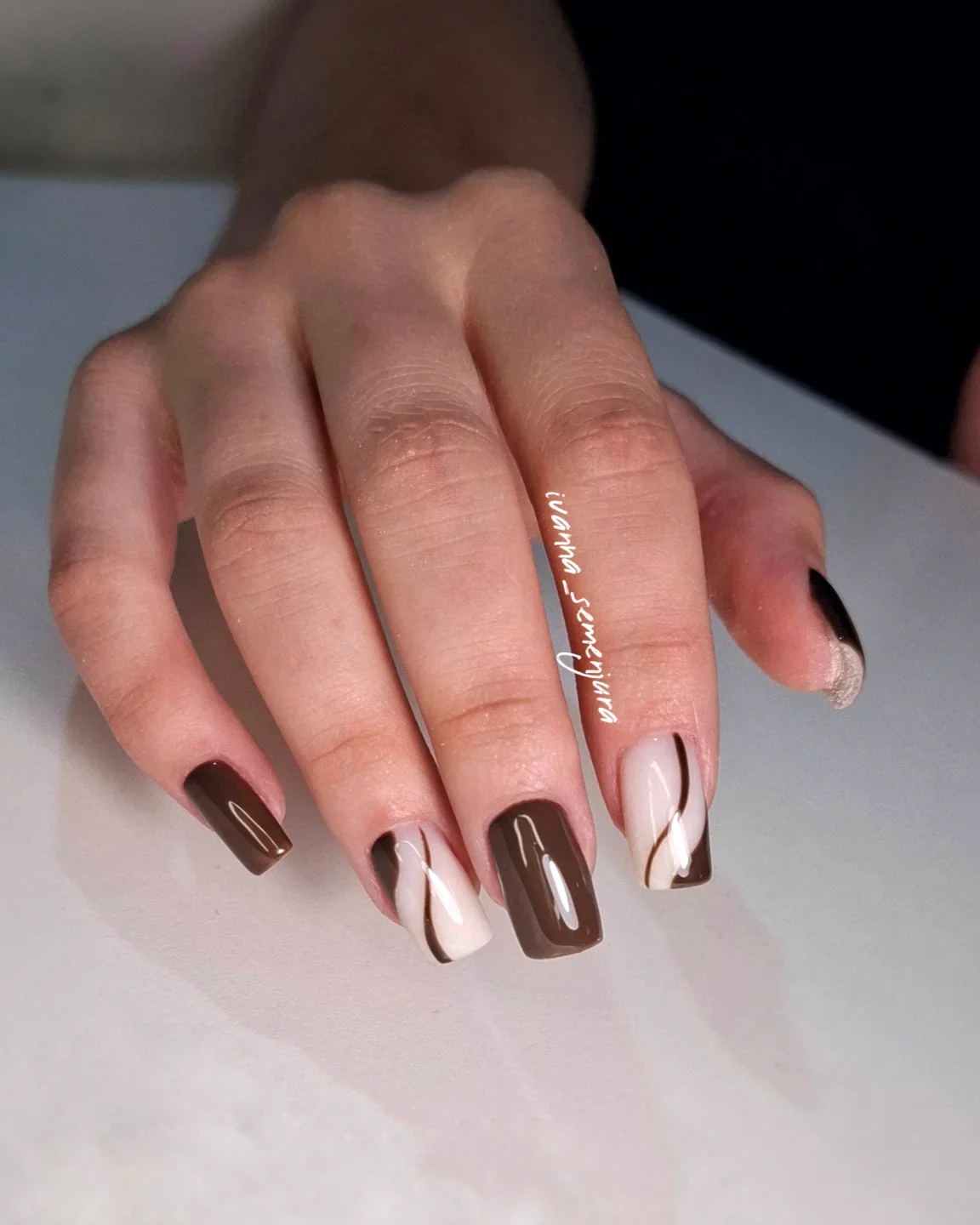fall square nails 2026 Espresso And Cream With Delicate Brown Swirls