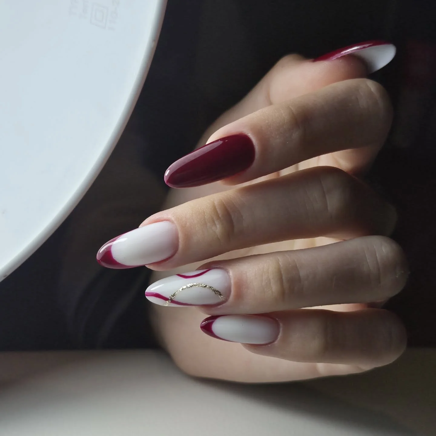 maroon fall nails 2026 Milky Almond Nails With Burgundy Tips And Fine Gold