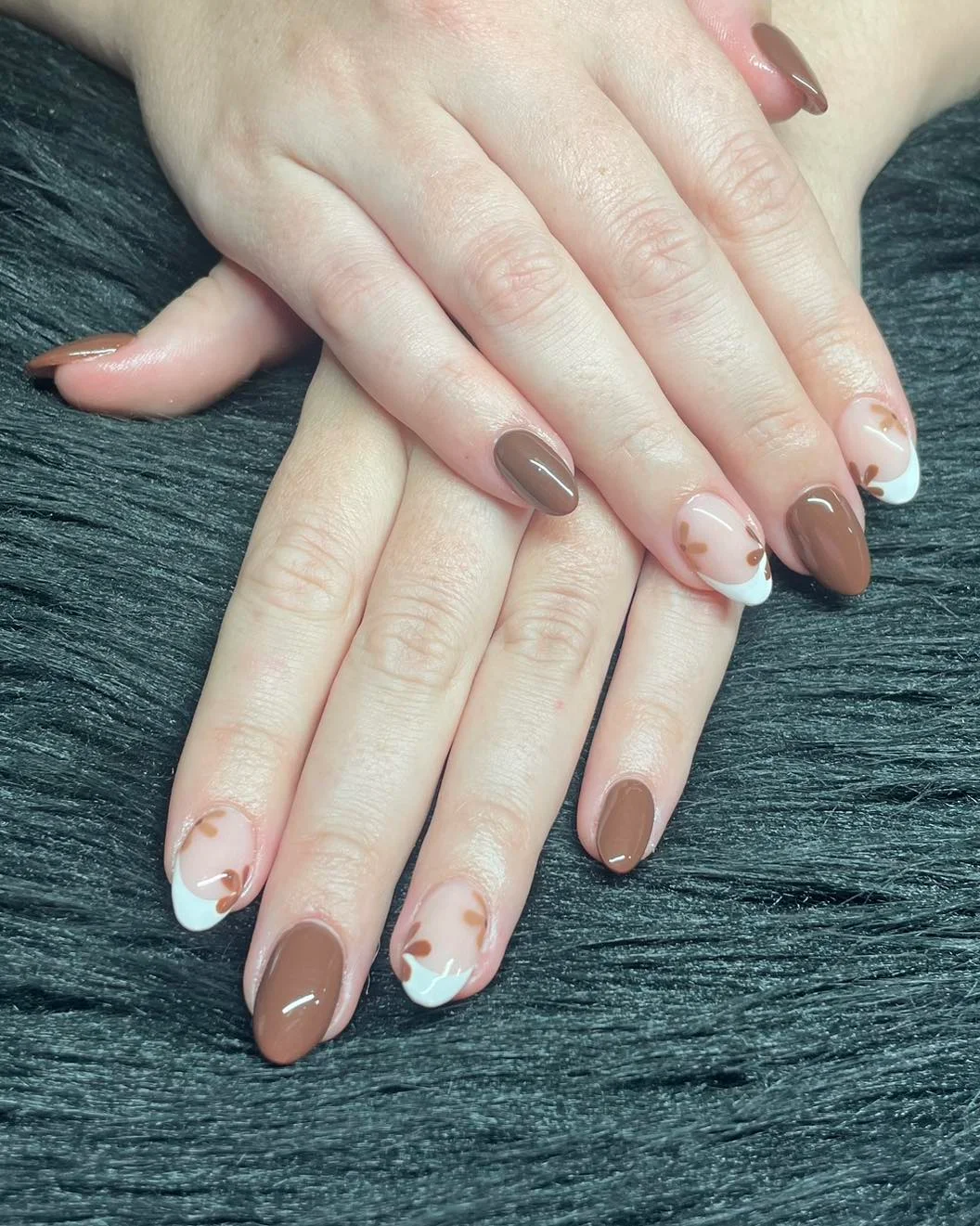 simple fall short nails Mocha French With Tiny Autumn Florals