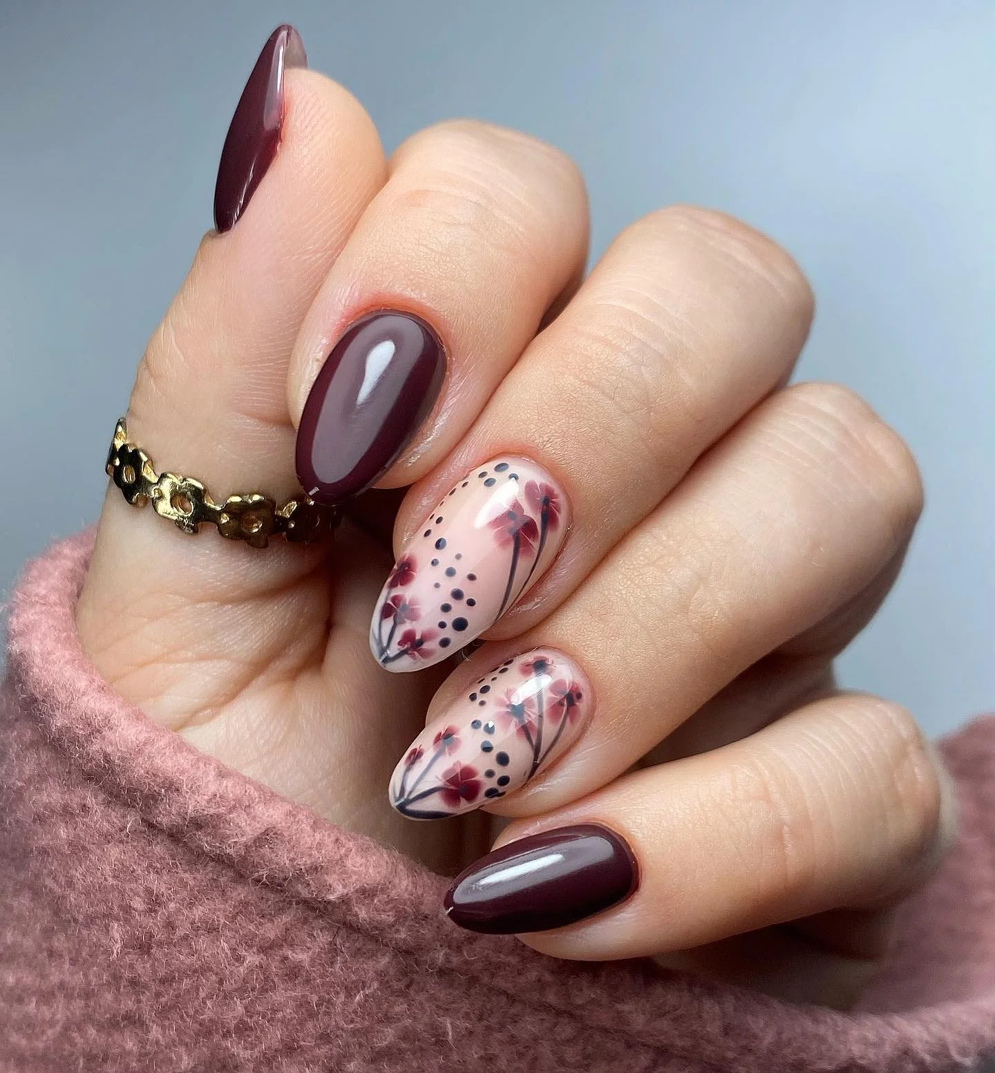 dark fall nails 2026 Deep Plum Almond Nails With Soft Wildflower Art
