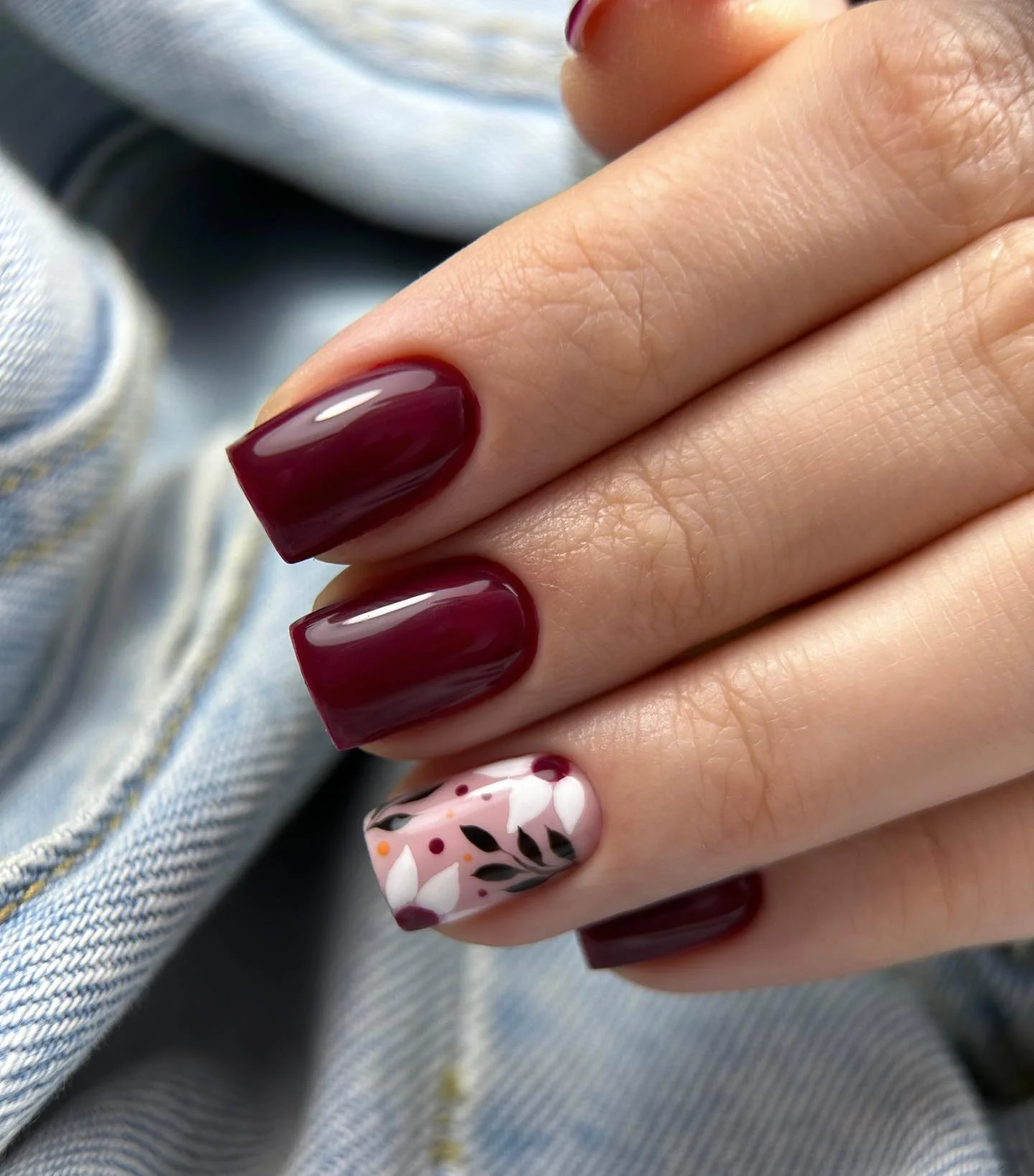 fall mid length nails 2026 Deep Burgundy With Elegant Botanical Accent