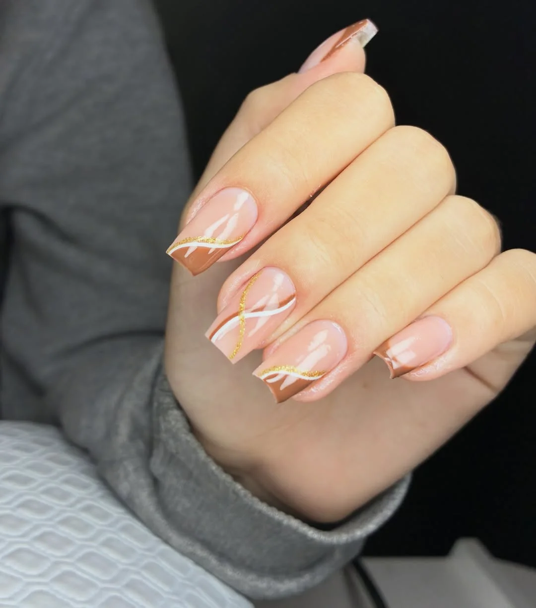 fall nail designs square shape 2026 Elegant Caramel French Lines With Gold Details