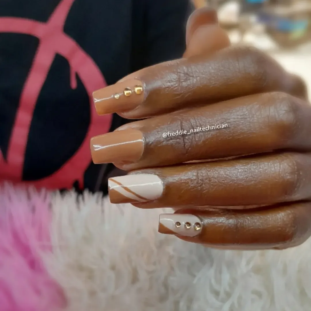 fall nails for dark skin 2026 Minimalist Caramel Nails With Gold Stud Accents