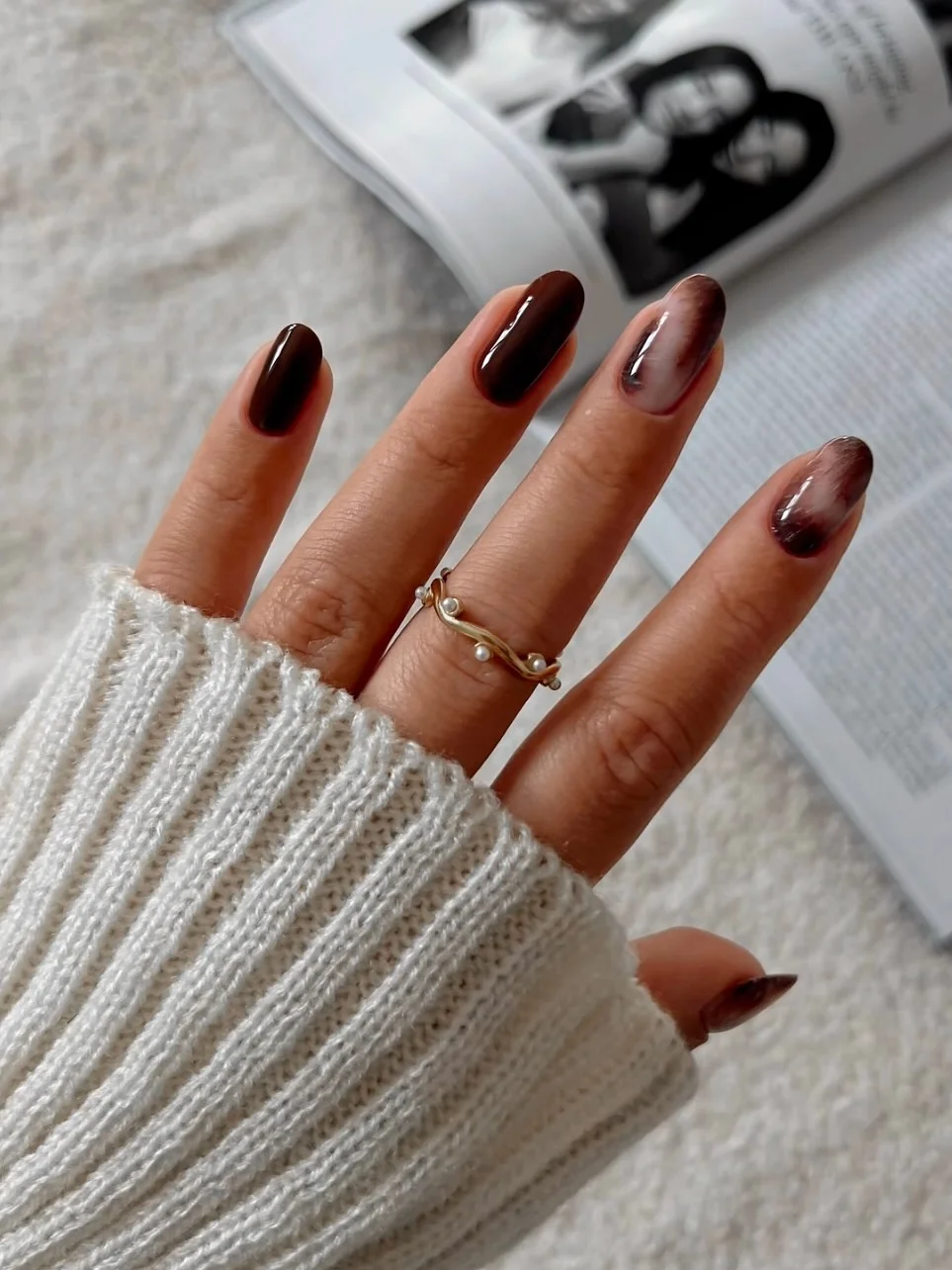 fall nails for medium skin tone Glossy Mocha With Smoky Nude Details