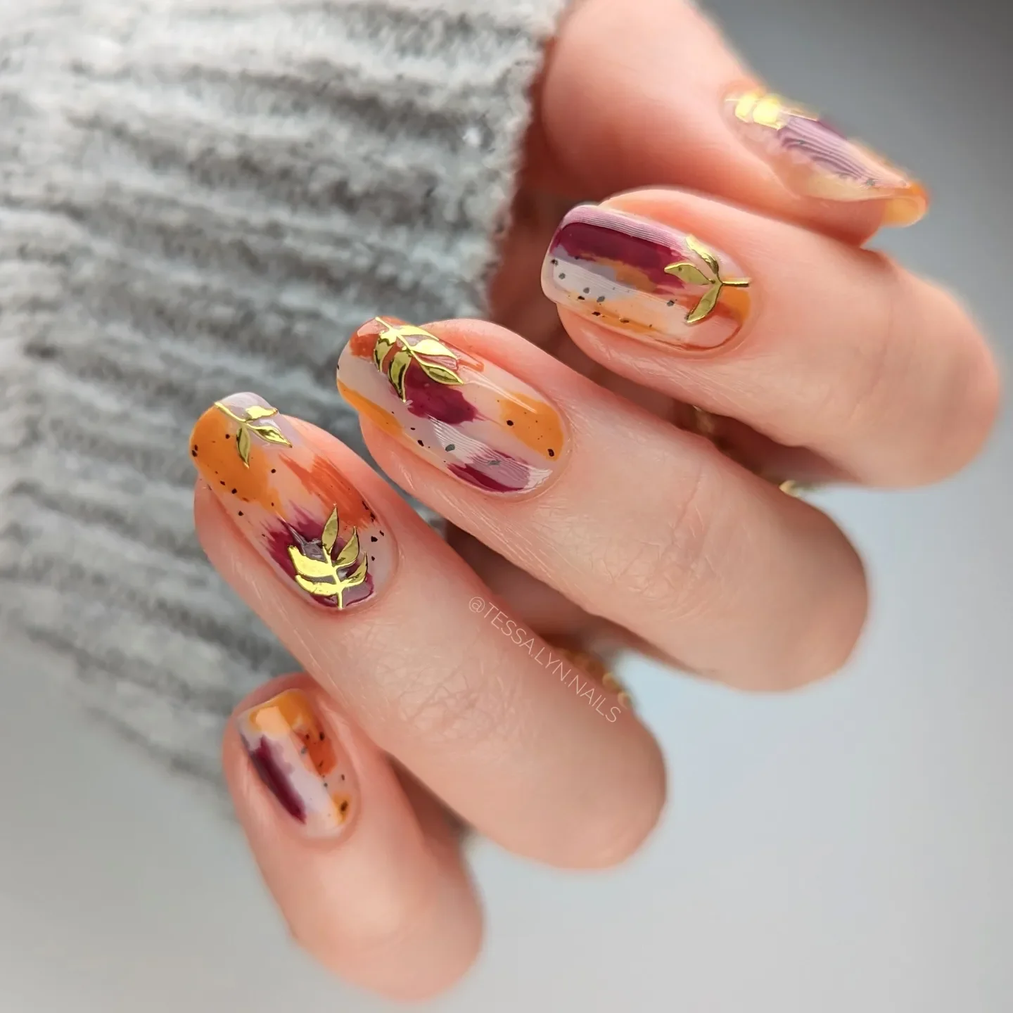 fall nails for pale skin 2026 Warm Abstract Autumn Art With Gold Leaves