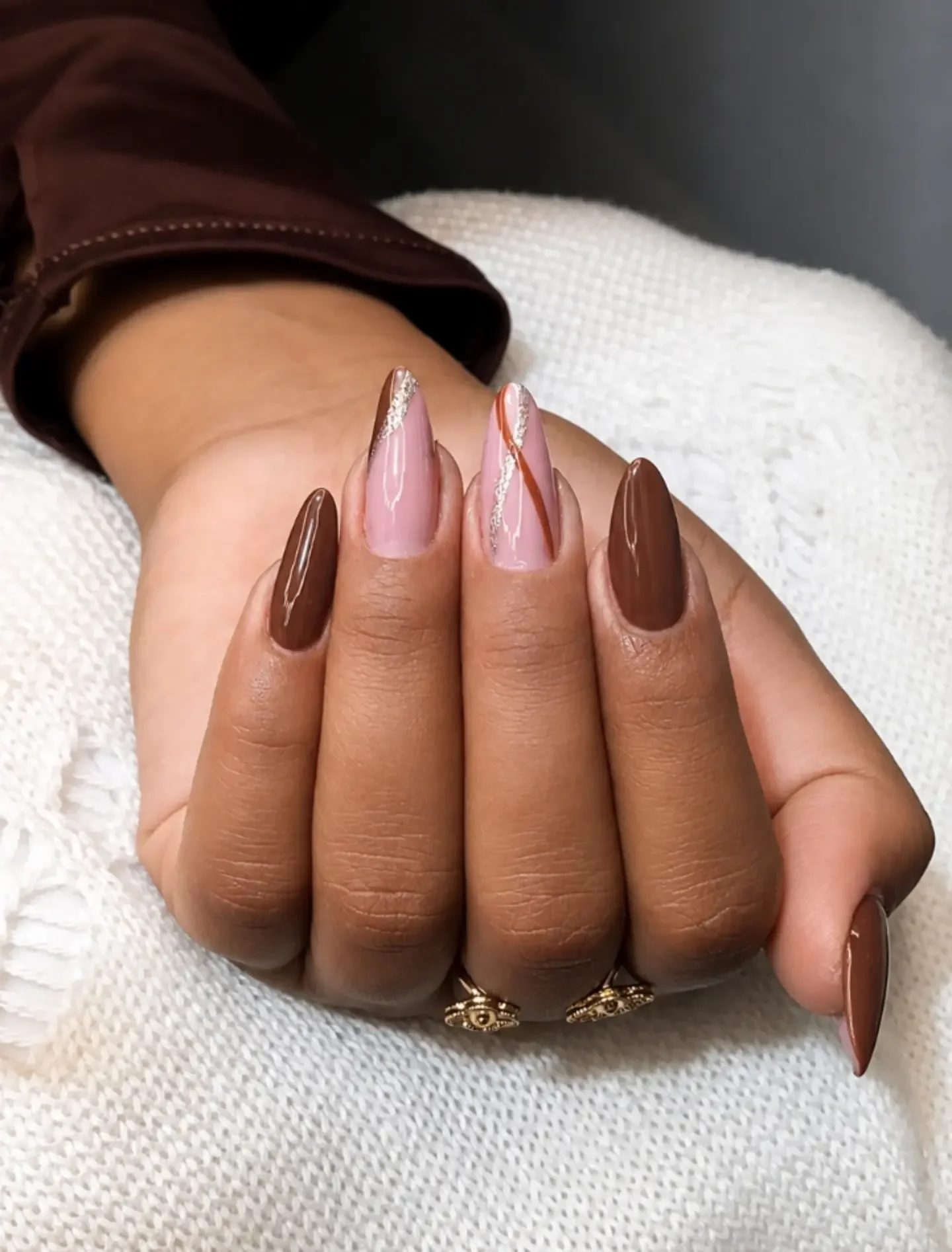 fall nails for tan skin tone Chocolate Brown With Soft Pink And Silver Lines