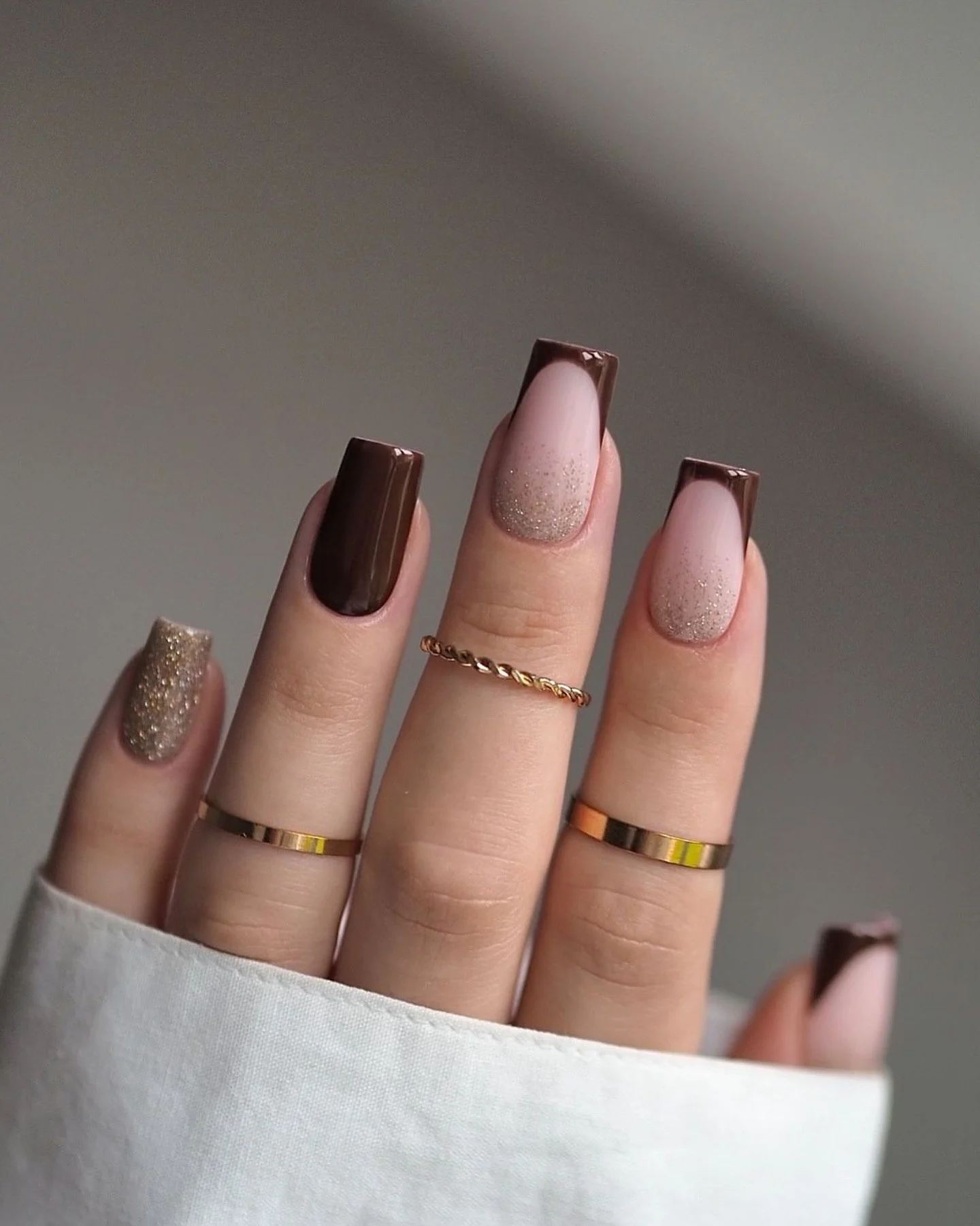 fall nails with autumn designs Chocolate French Tips With Soft Golden Sparkle