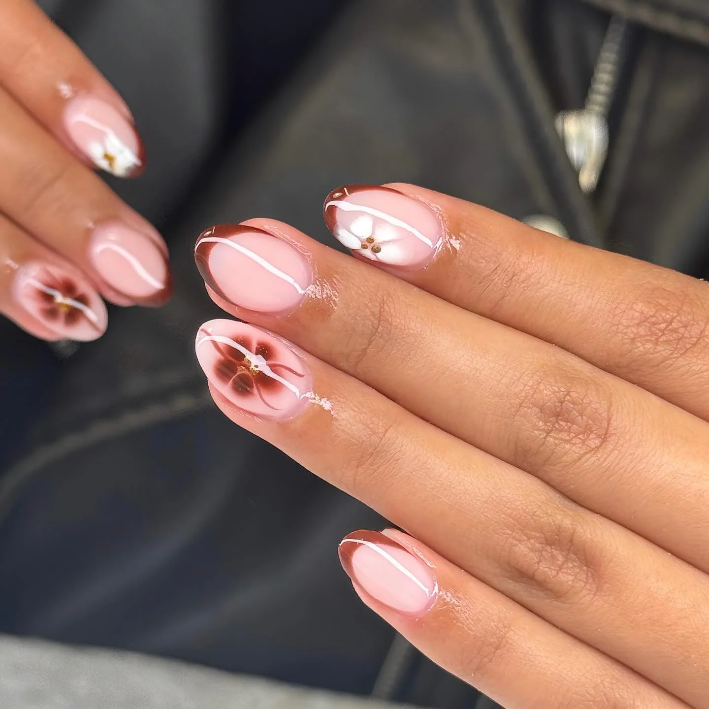 fall short almond nails 2026 Modern Cocoa French Tips With Elegant Floral Details