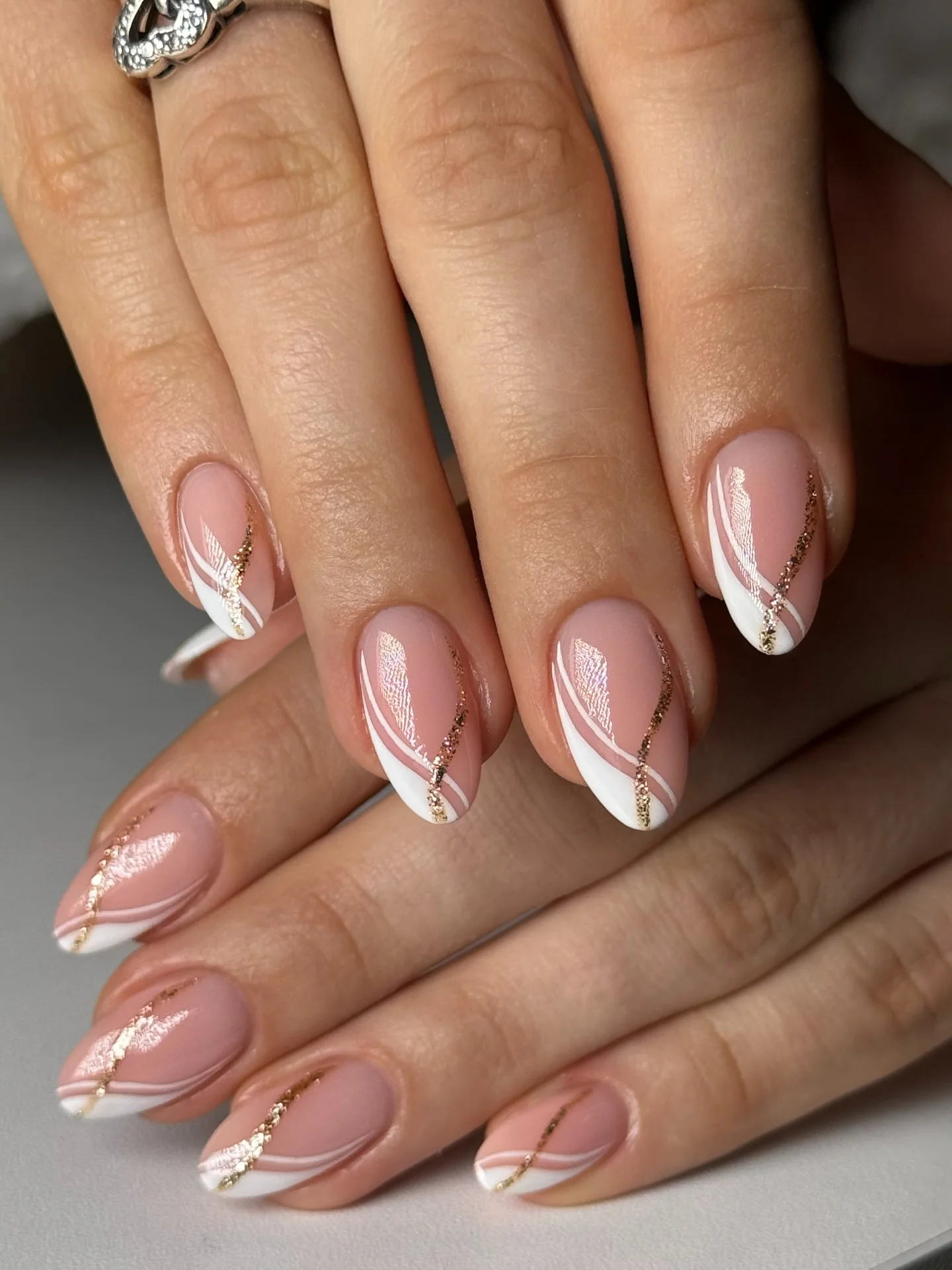fall wedding nails 2026 Soft Nude French Tips With Golden Waves