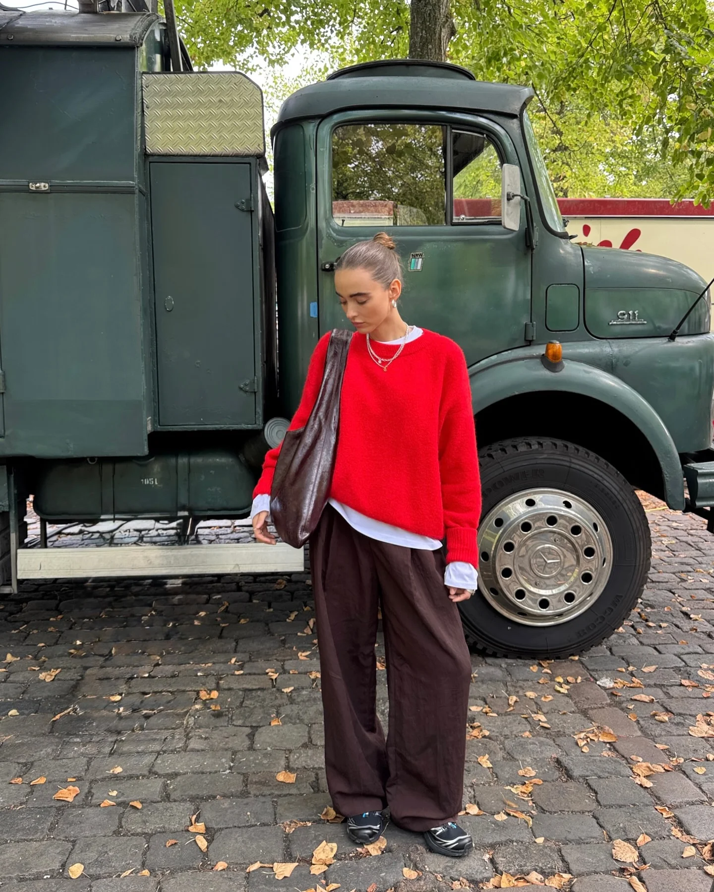 september fashion colors Red Knit With Chocolate Brown Wide-Leg Pants