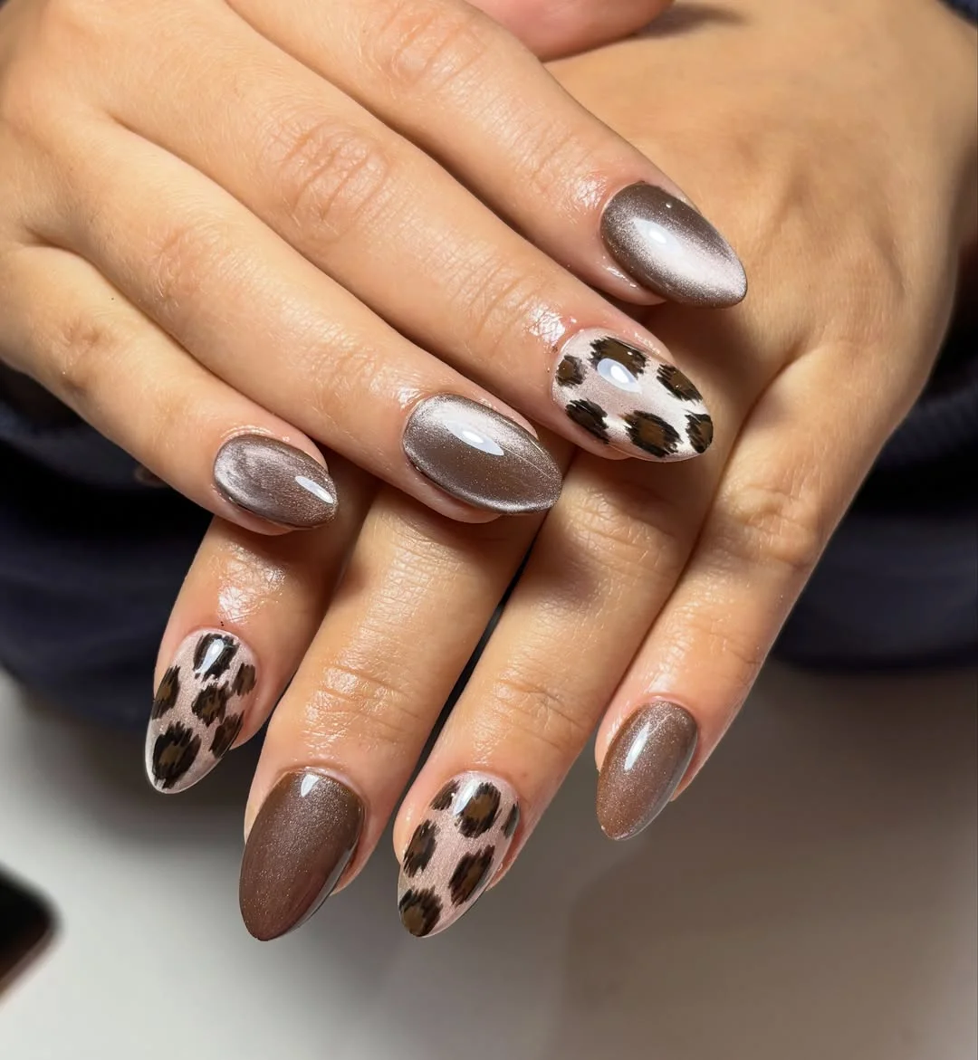 brown fall nails 2026 Velvet Mocha Cat Eye With Chic Leopard Art