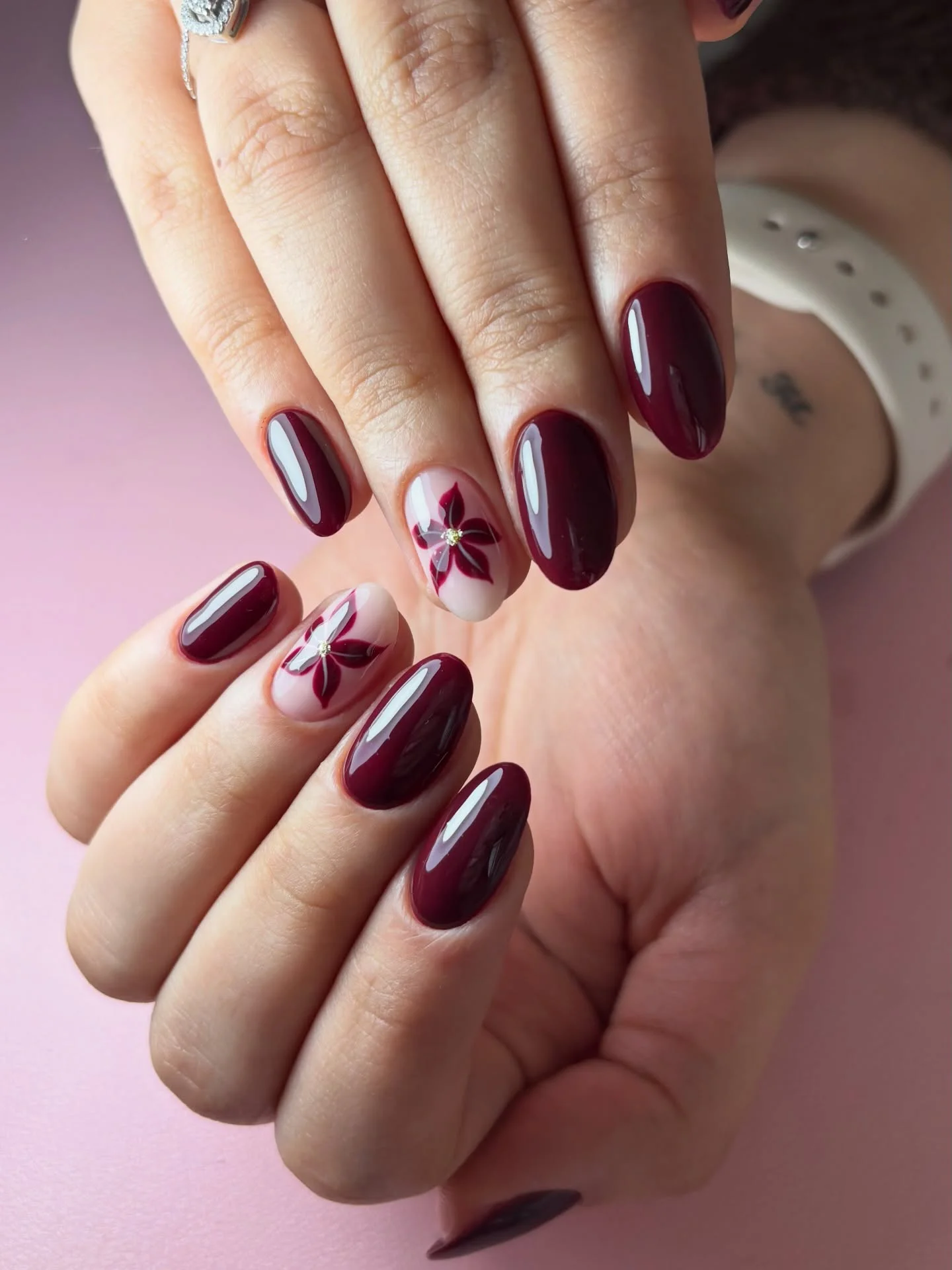 fall burgundy nails with design Classic Burgundy With Tiny Floral Accents
