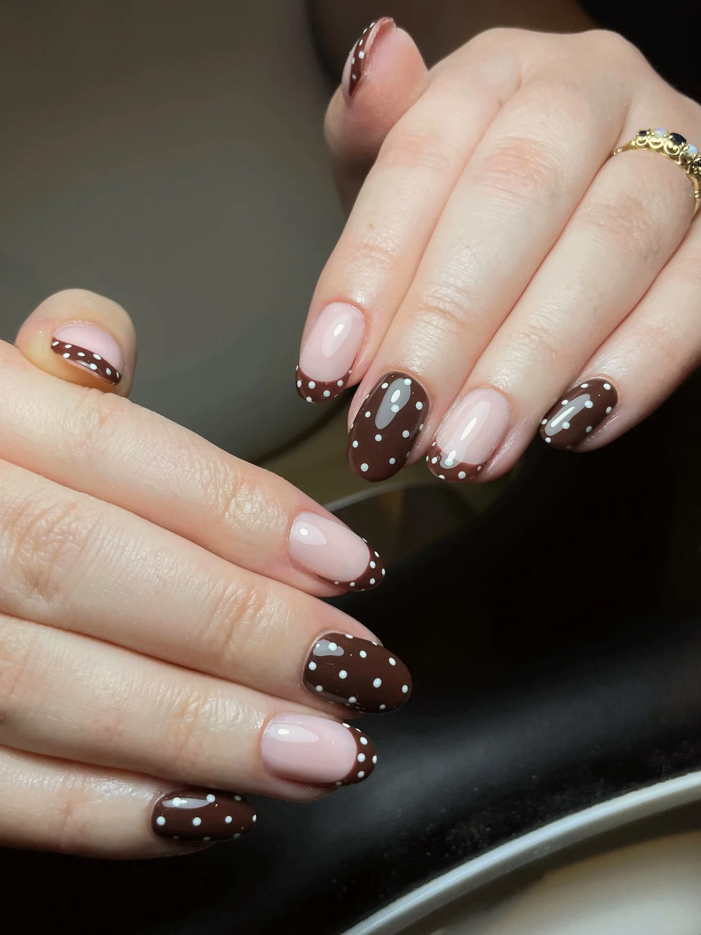 fall mid length nails 2026 Chocolate Polka Dot French With Playful Charm