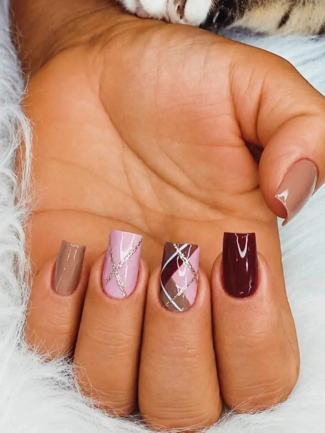fall nails for tan skin tone Berry Brown And Blush Geometric Accents