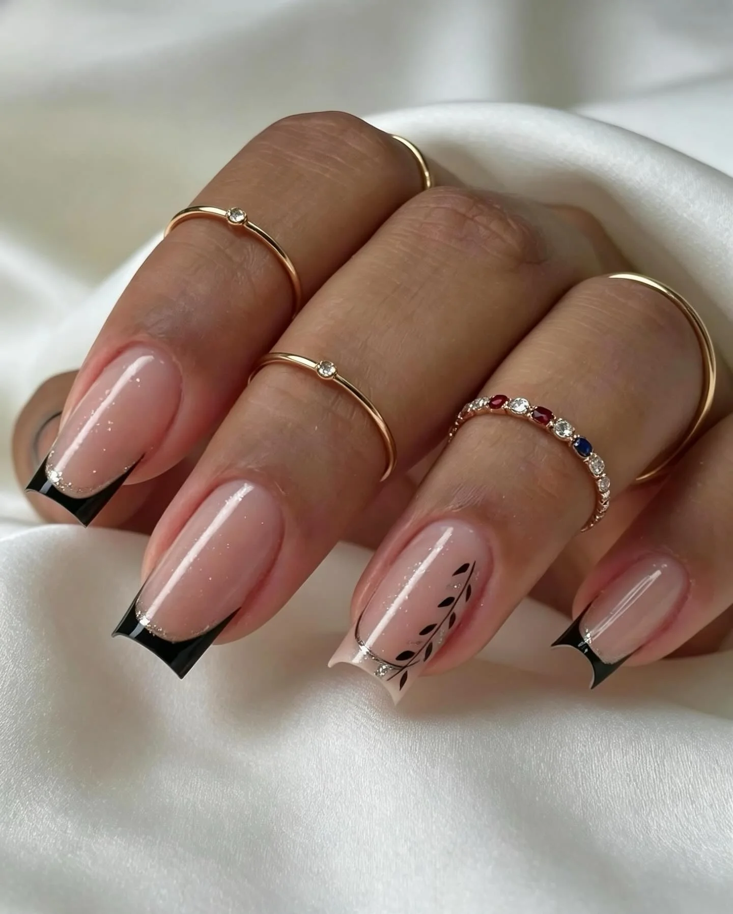 fall nails with accent nail Elegant Nude Nails With Graphic Black French Tips