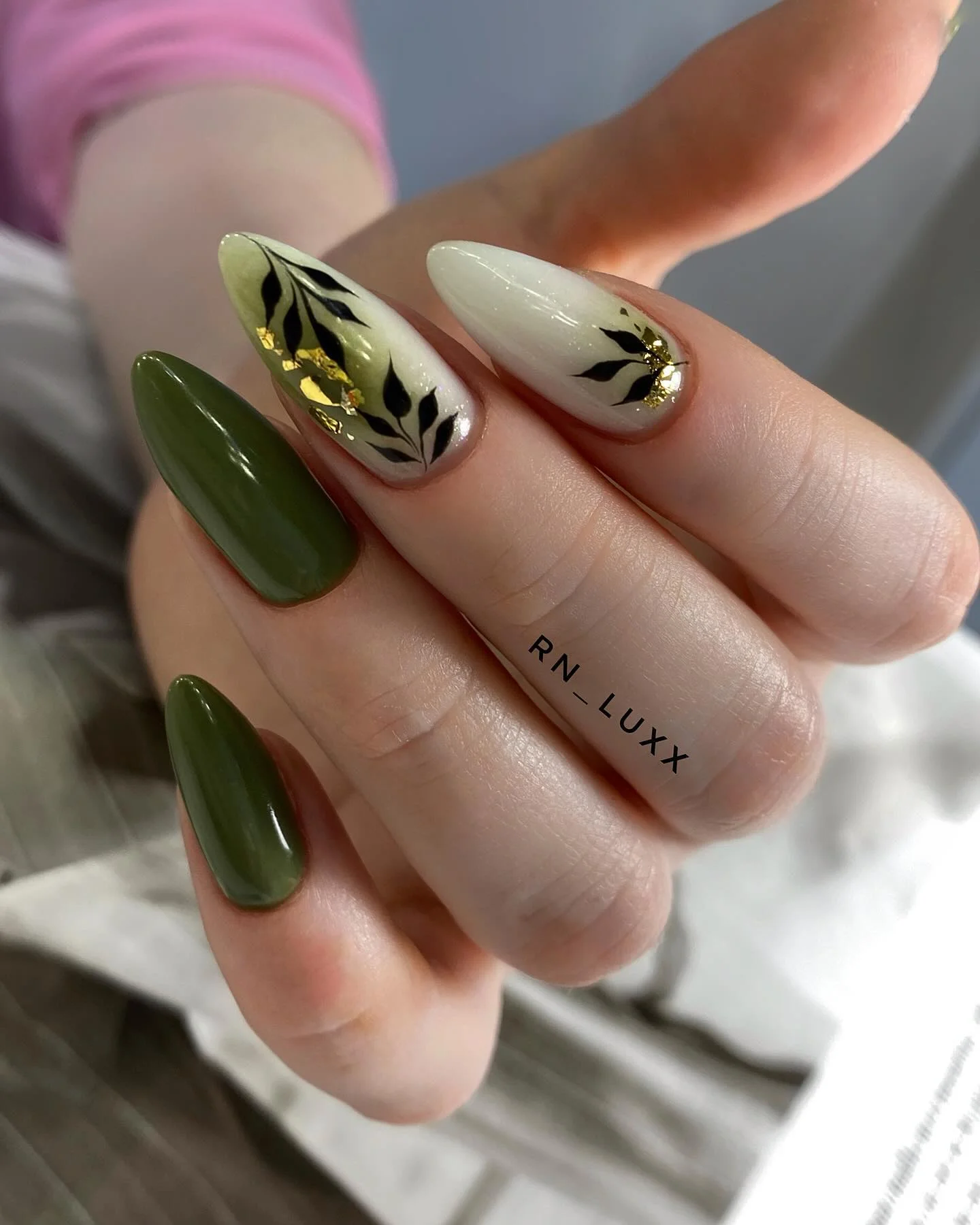 fall nails with autumn designs Olive Green Leaves With Creamy Botanical Accents