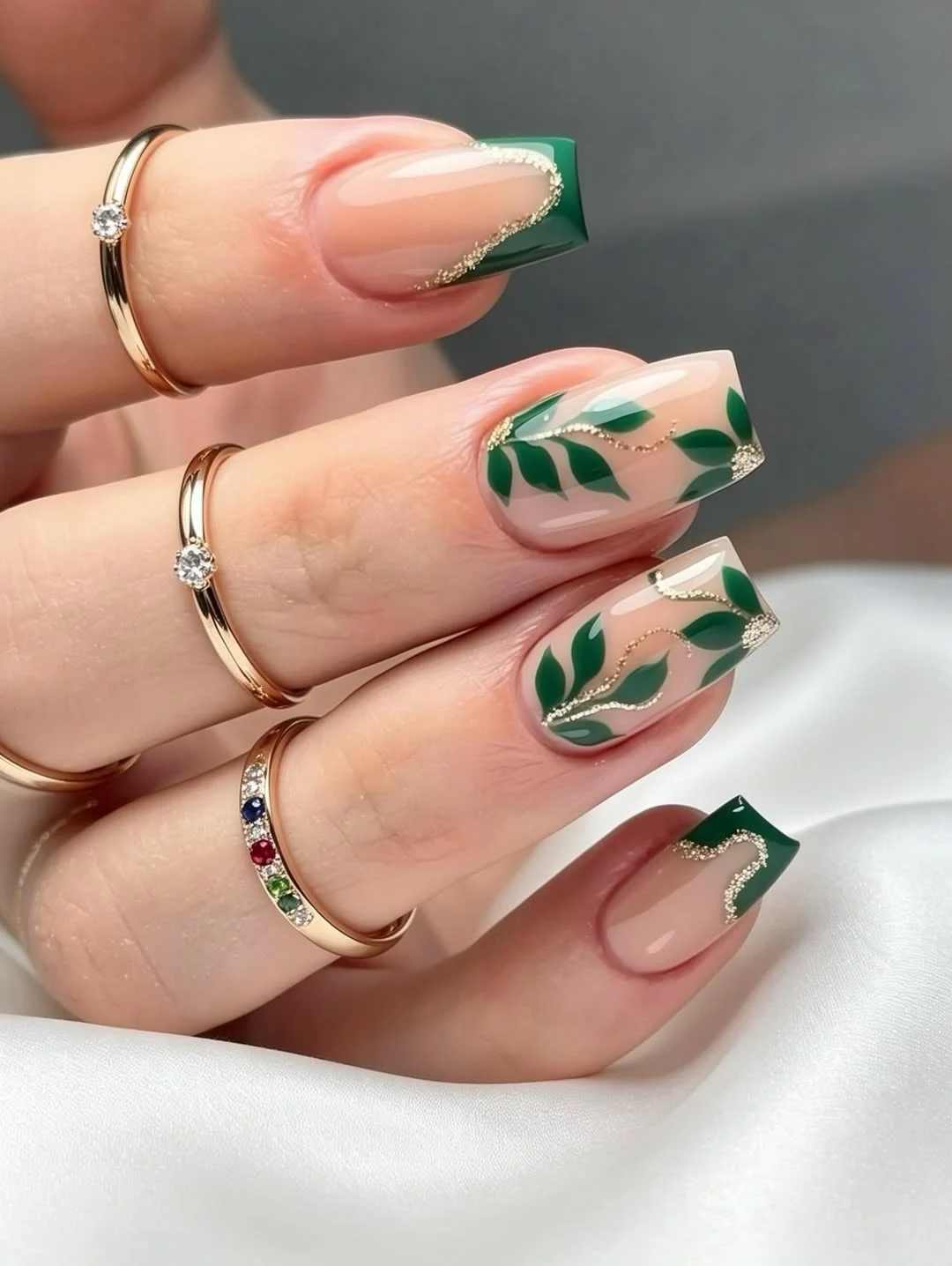 fall trendy nails 2026 Forest Green French Tips With Gold Botanical Lines