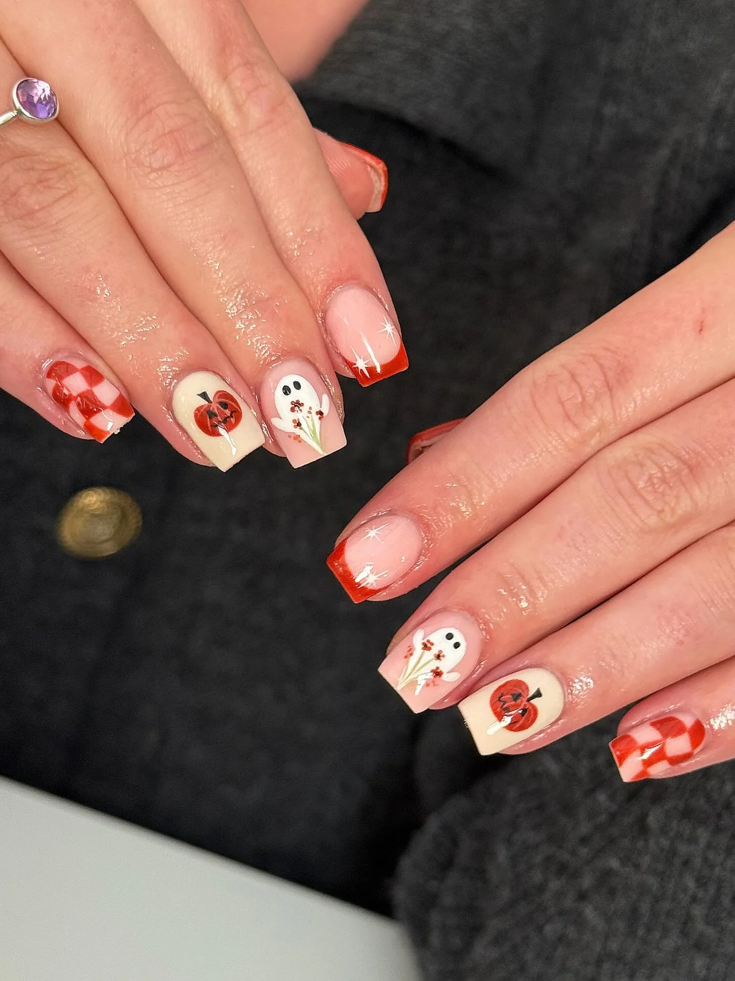 halloween nails designs 2026 Red French Tips With Pumpkins And Autumn Florals