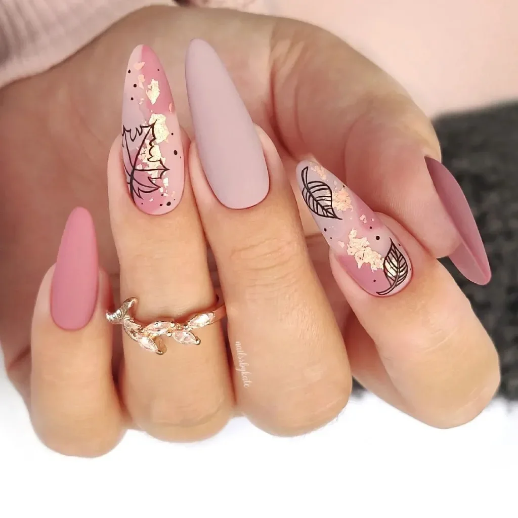 nude fall nails 2026 Matte Nude Almond With Botanical Gold Details