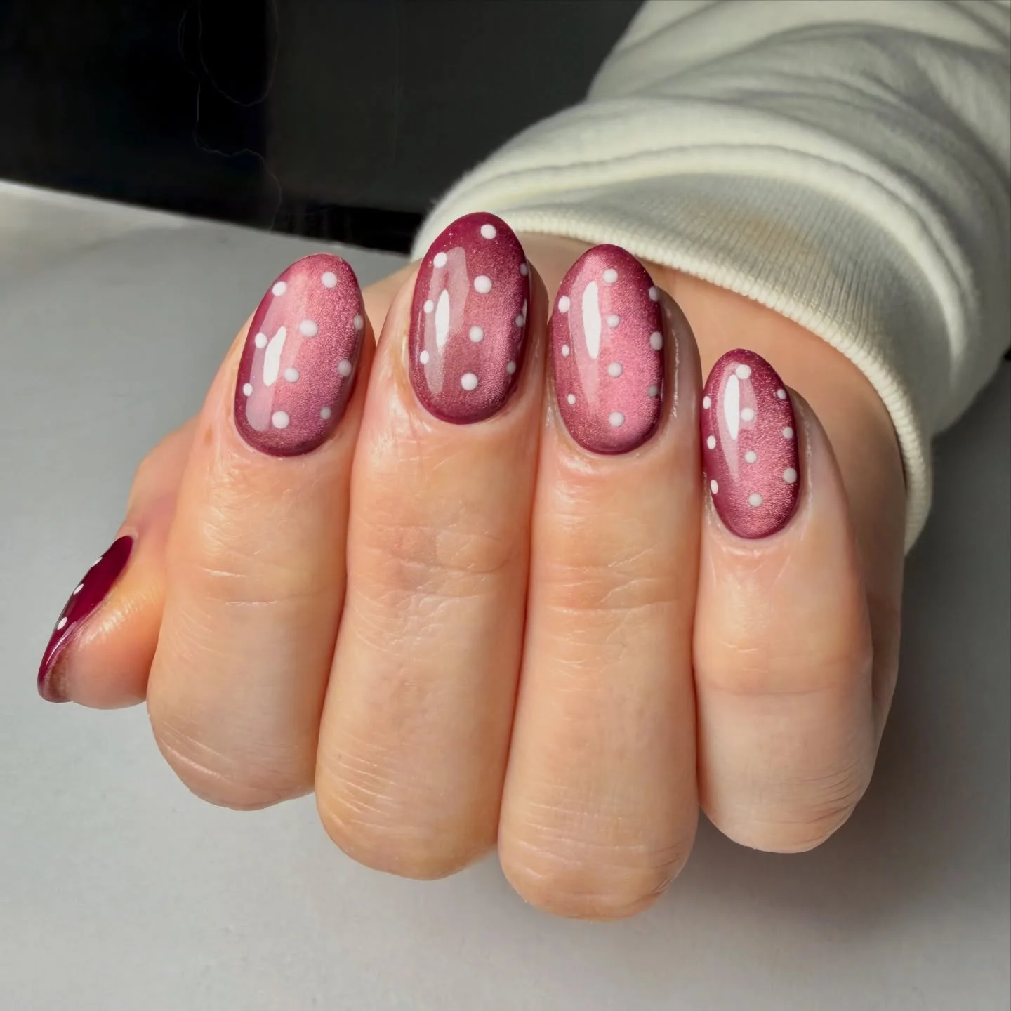 polka dot fall nails 2026 Shimmering Maroon Dots For A Cozy Fall Mood