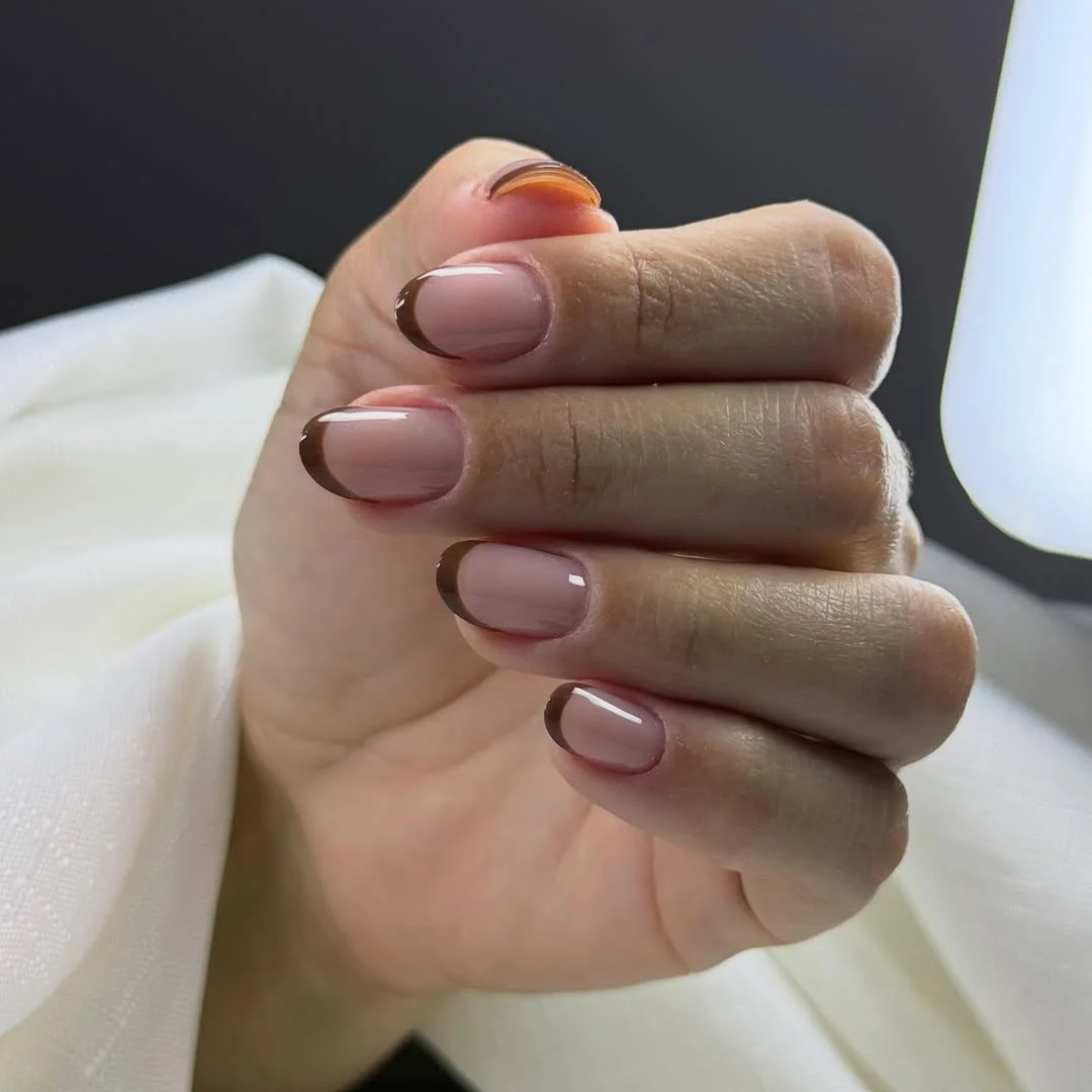 simple fall short nails Sheer Blush With Chocolate Micro-French