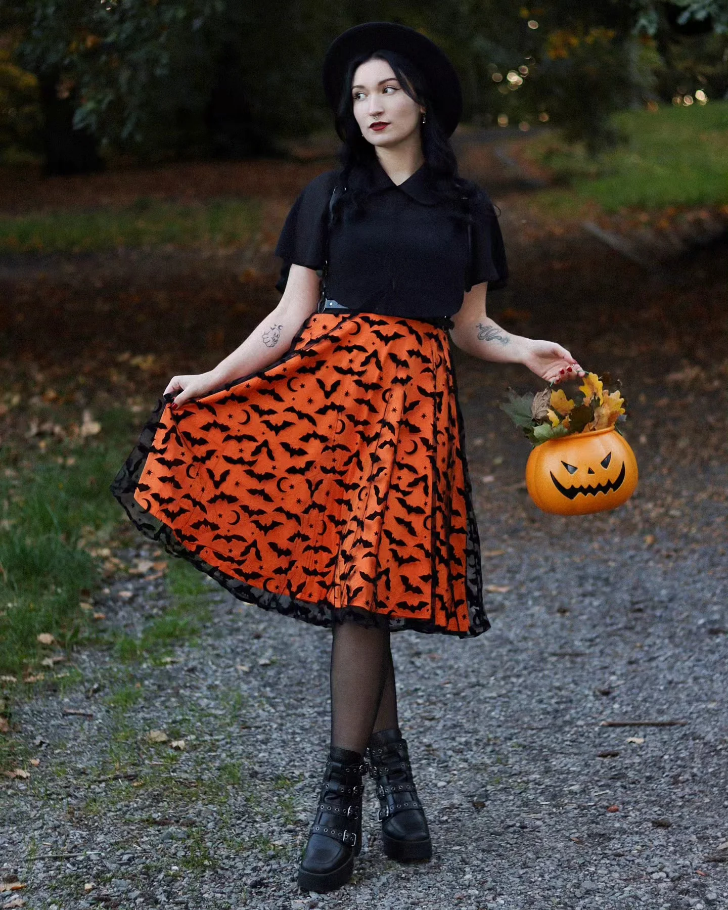 trendy halloween outfits 2026 Retro Bat Print Skirt With A Witchy Twist